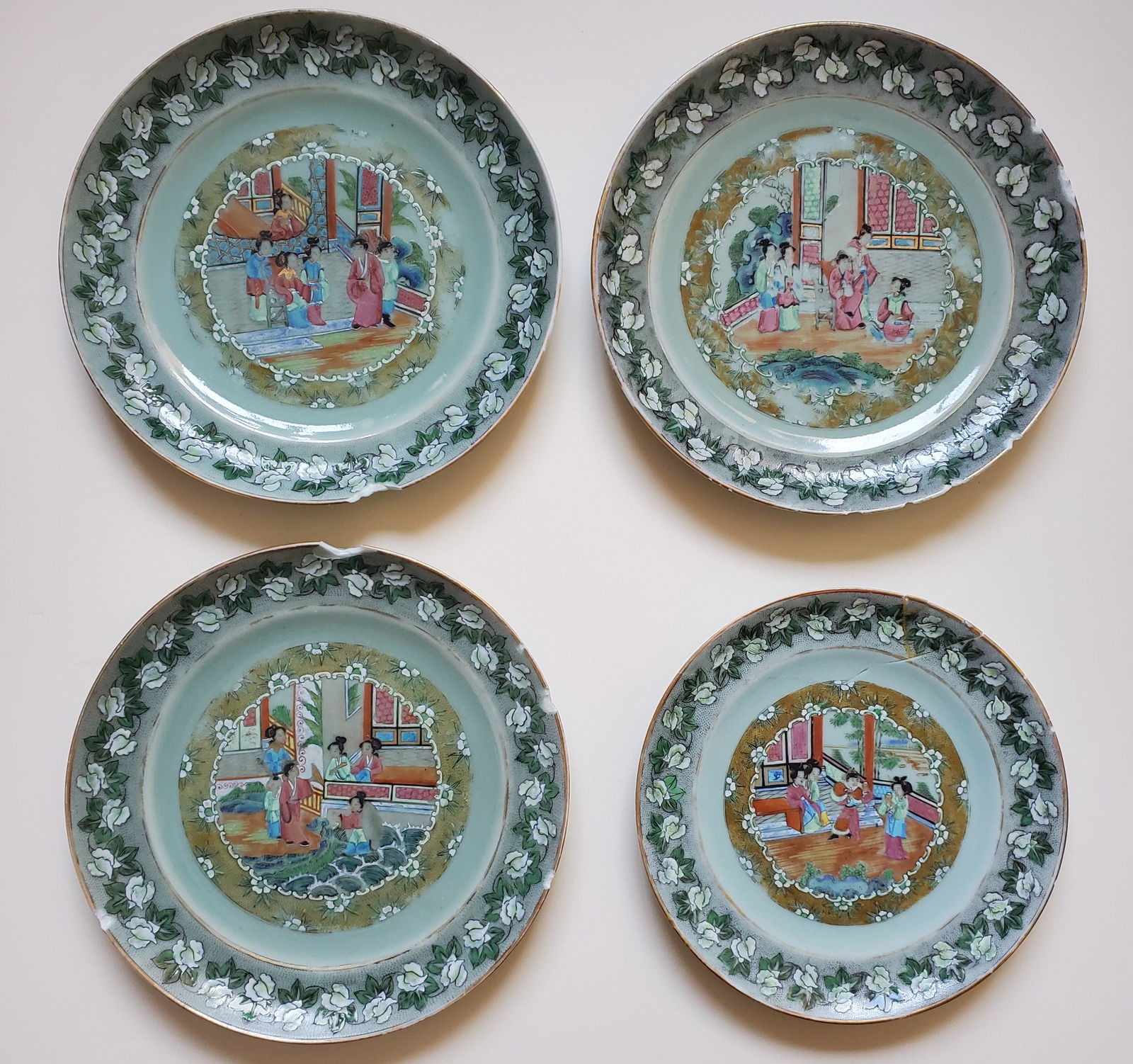 Antique Chinese Export Famille Rose Celadon Plates (1 of 8)