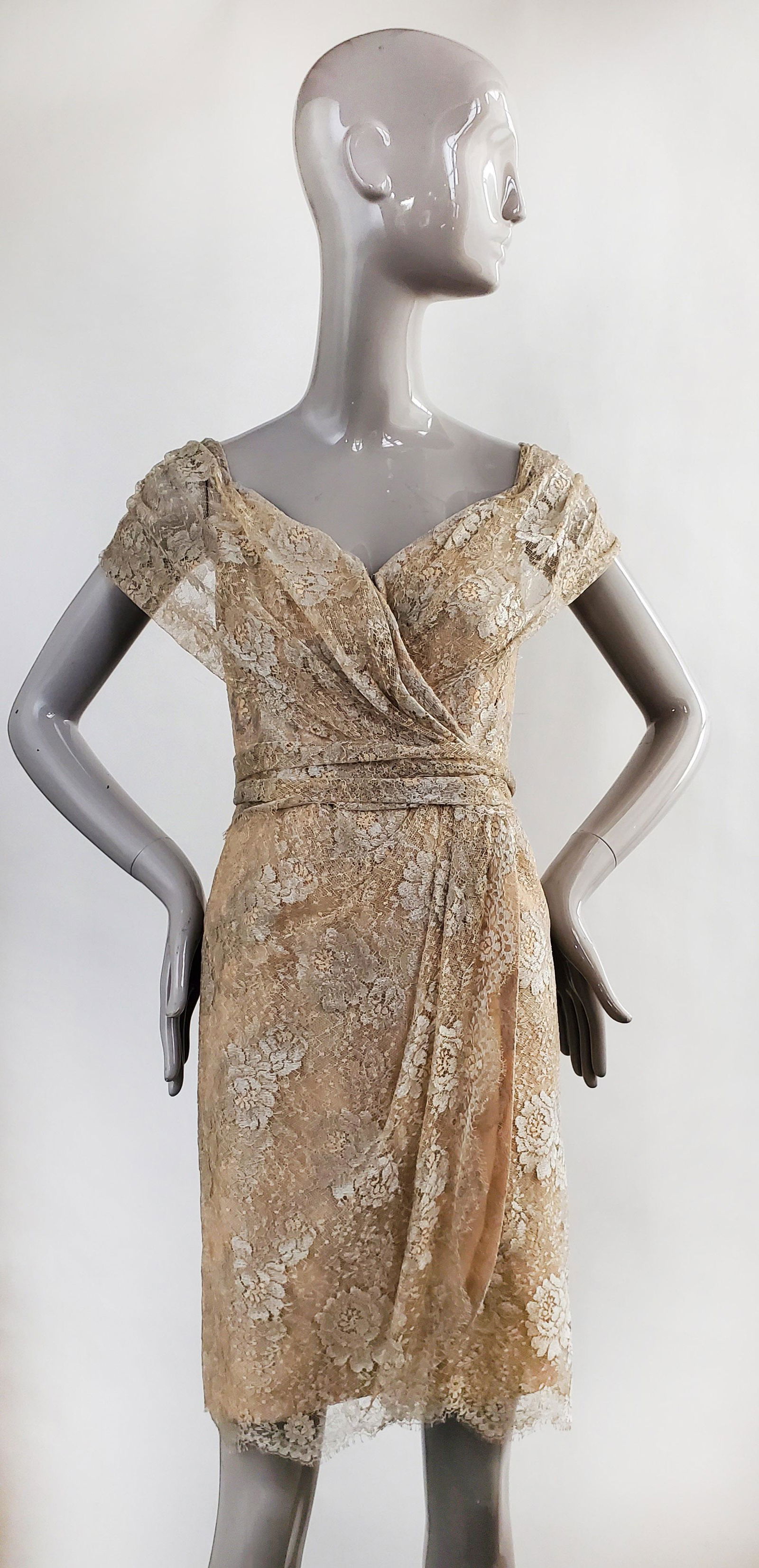 John Anthony Couture Lace Dress, c.1990s: John Anthony Couture Metallic Silver Lace and nude silk dress, ca. 1990s