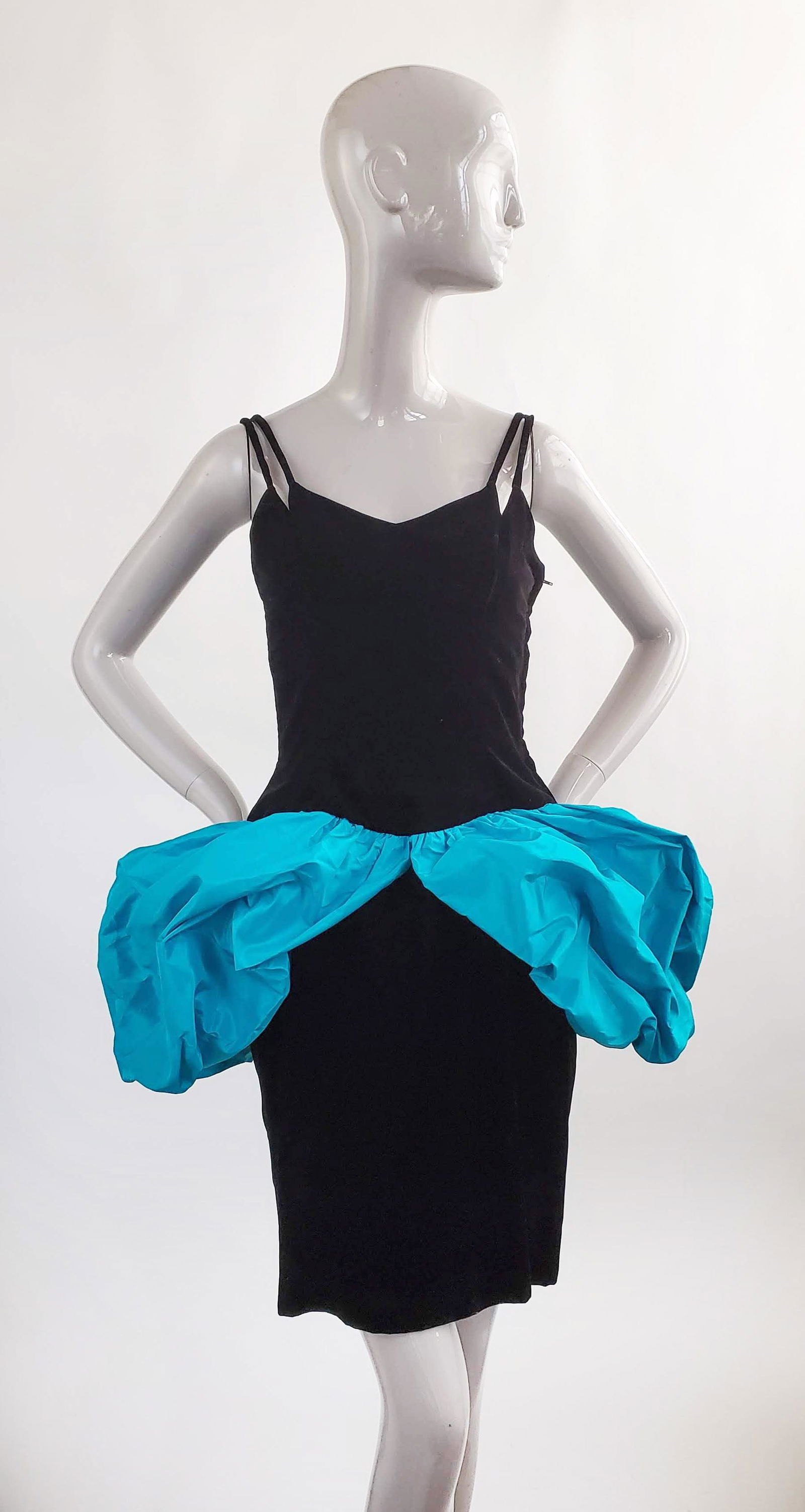 Vicky Tiel Paris Velvet & Taffeta Dress, 1980s: Vicky Tiel Paris Black Velvet & Blue Taffeta Dress, 1980s.