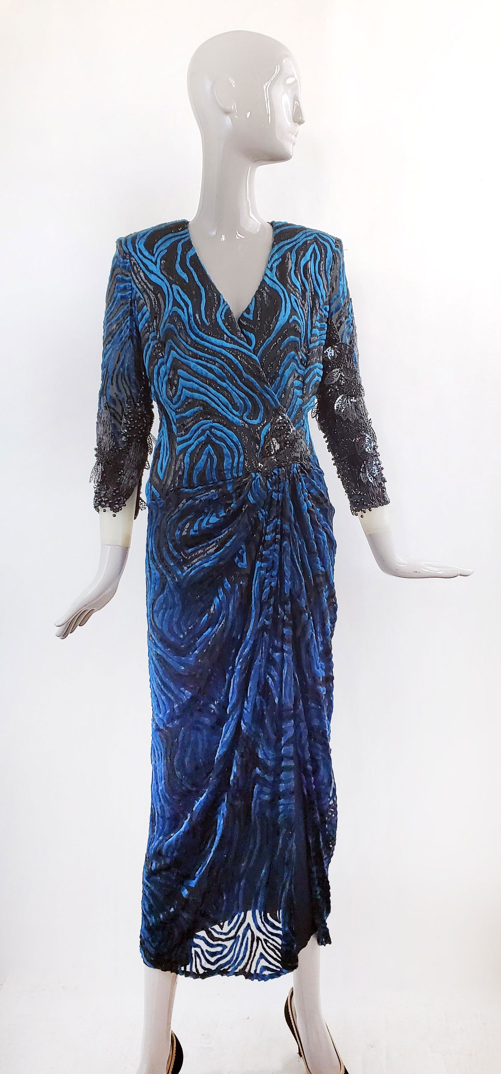 Nina Ricci Boutique Velvet Devore Dress, ca. 1980s: Nina Ricci Boutique Blue & Black Velvet Devore Embroidered Dress, ca. 1980s. Made in France.