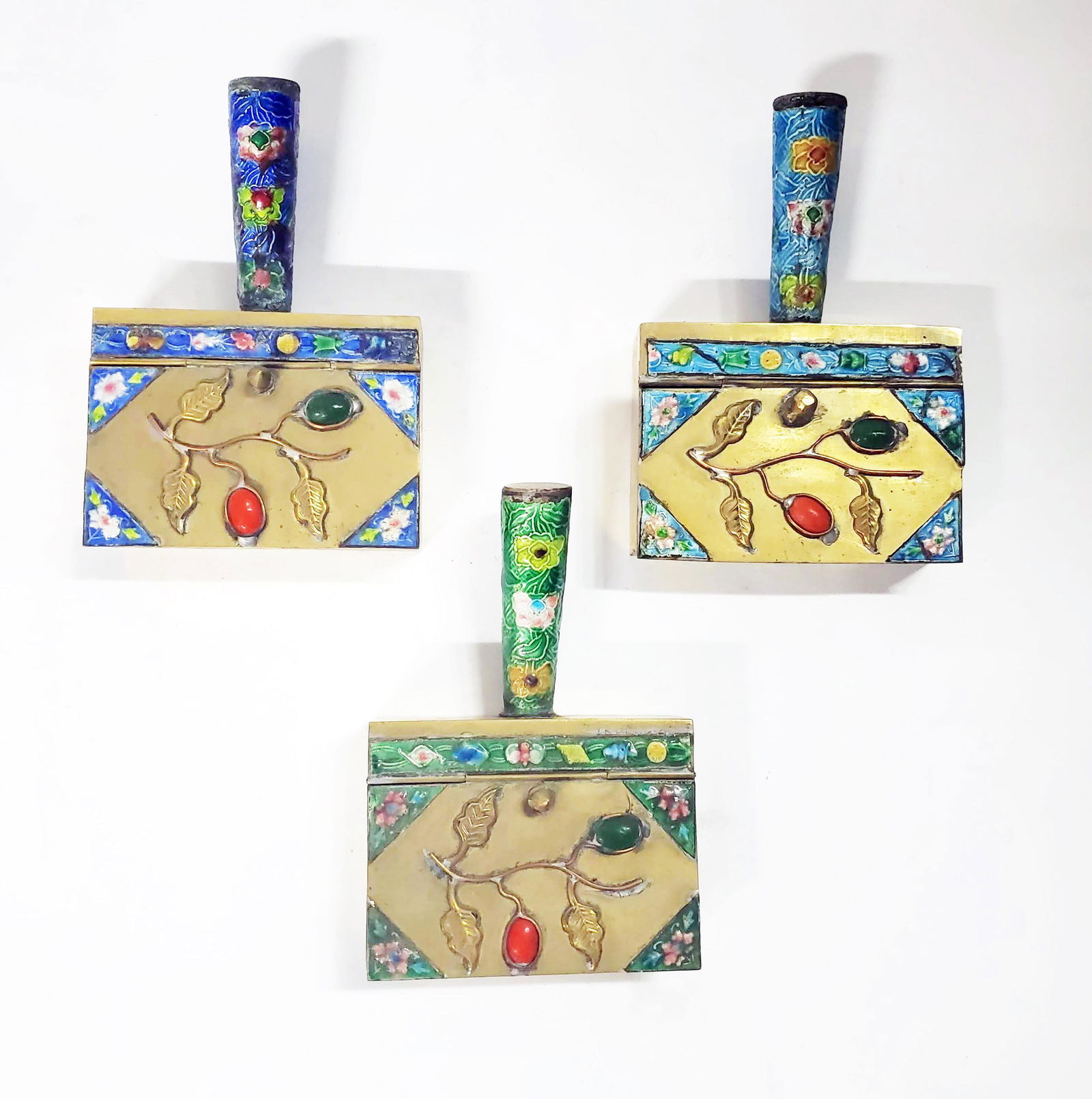 Set of 3 Chinese Enameled Brass Covered Ashtrays (1 of 4)