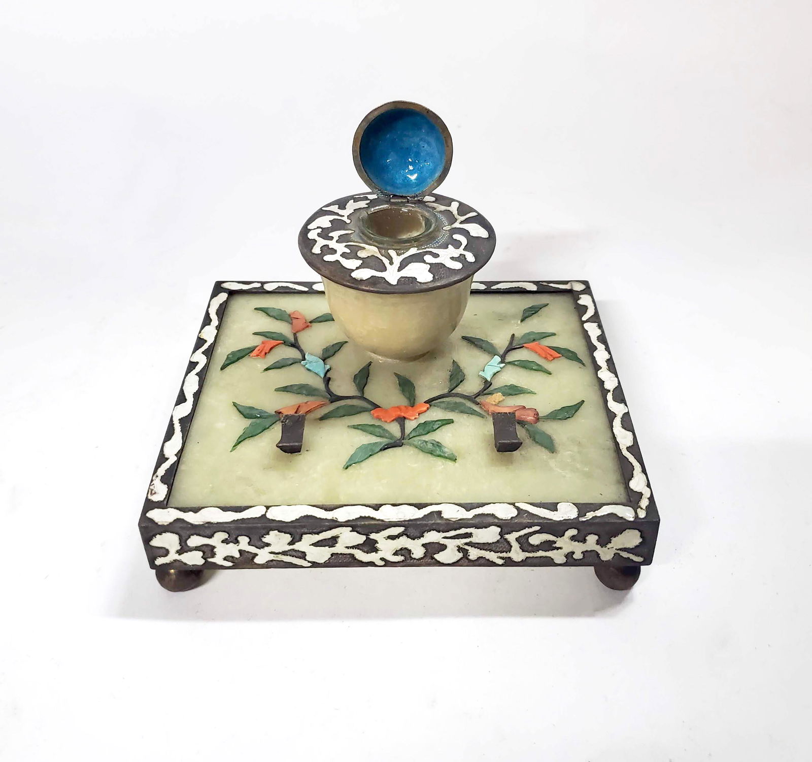 Antique Chinese Enameled & Inlaid Jade Inkwell (1 of 5)