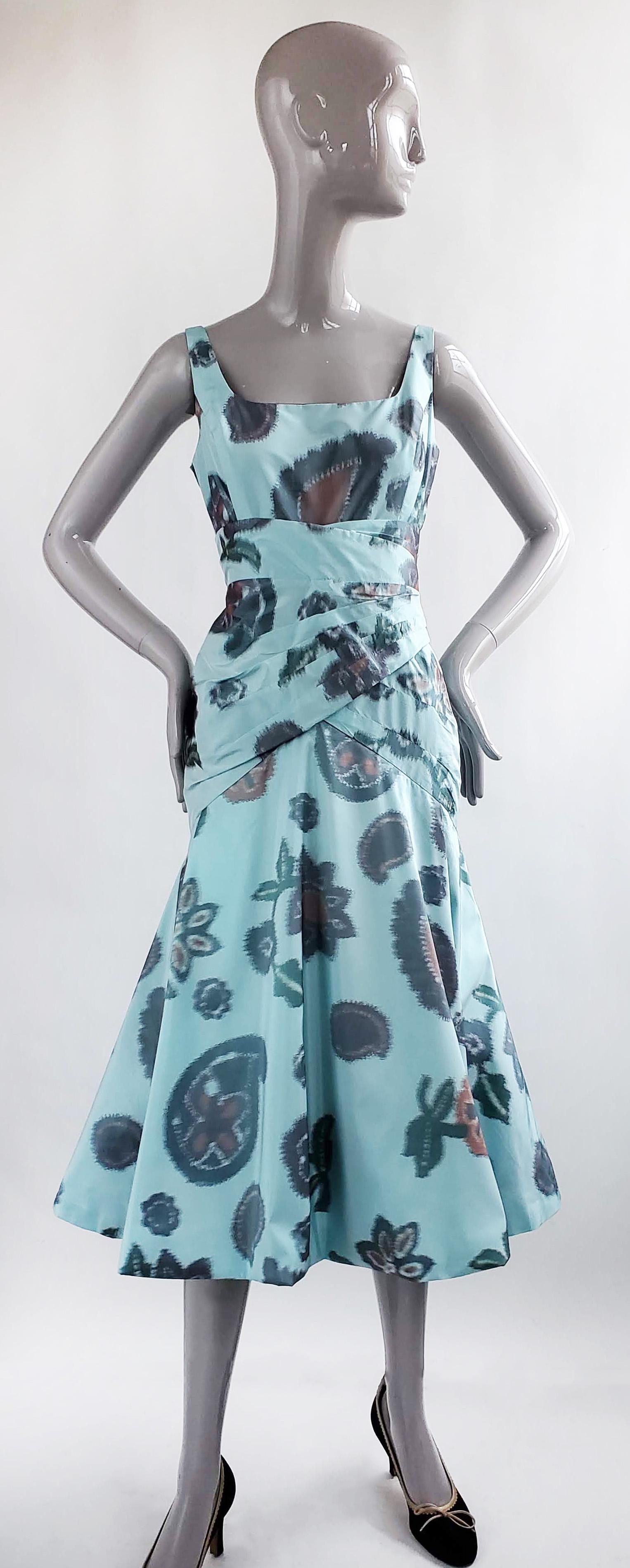 Bill Blass Warp Printed Taffeta Dress, S/S 2008: Bill Blass New York by Jose Solis Floral Warp-Printed (Ikat technique) Blue Silk Blend Taffeta Dress, S/S 2008. Skirt section is flatlined with tulle and lining constructed with horsehair like a petti