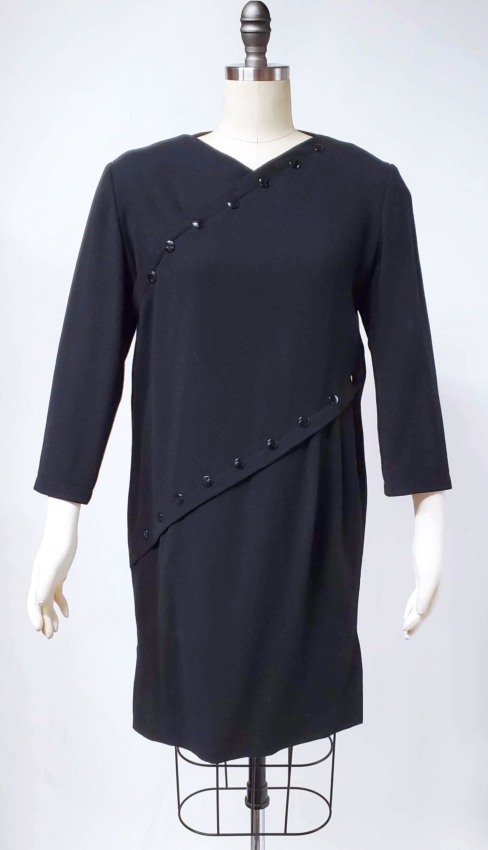 Pierre Cardin Demi Couture Black Crepe Dress, 1980s: Boutique Pierre Cardin Paris Demi Couture Numbered Black Crepe Wool Dress, ca. 1980s. Made in France, size 38Fr.
