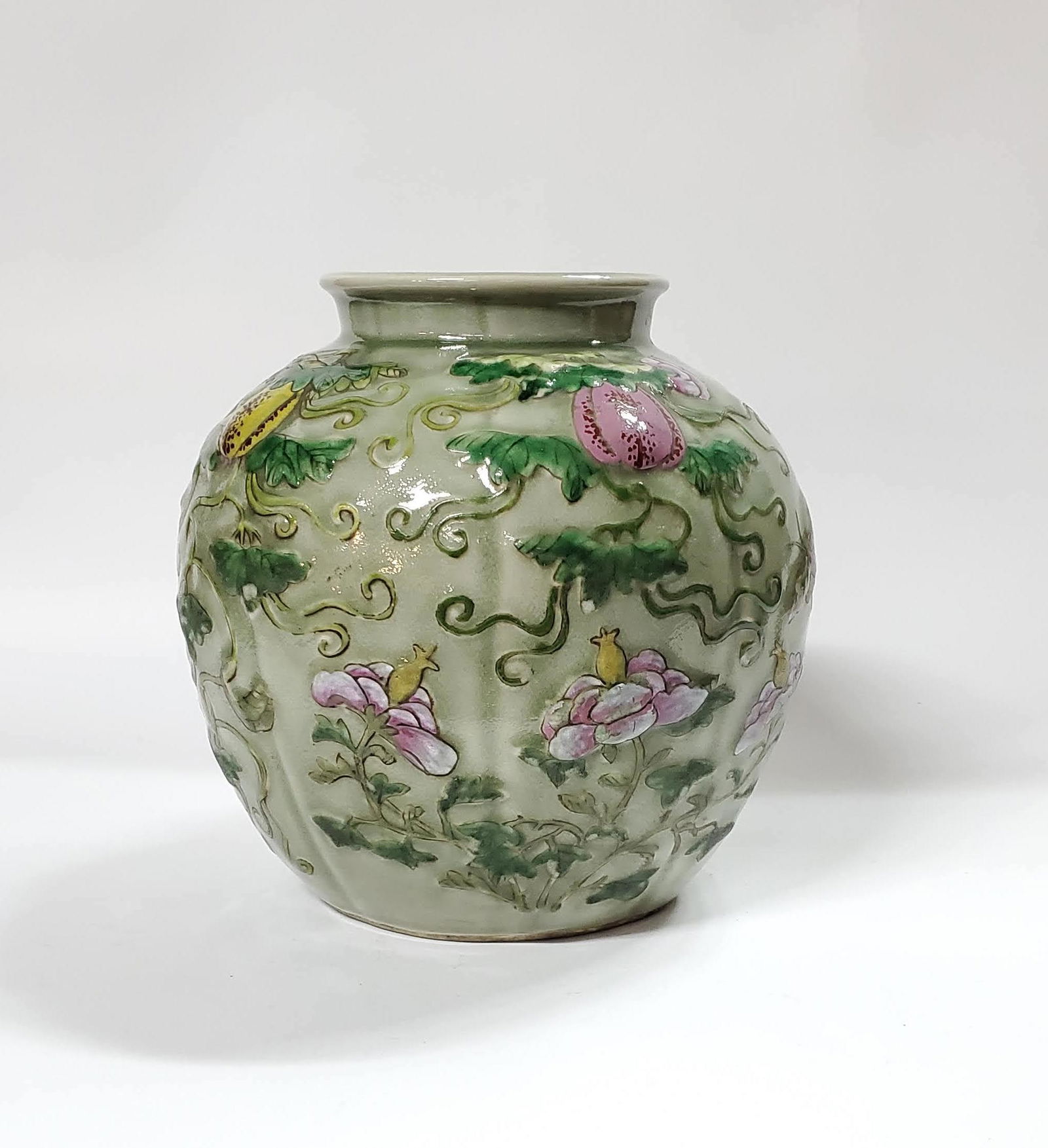 Antique Chinese Moulded Celadon Vase w Enamel Decoration (1 of 11)