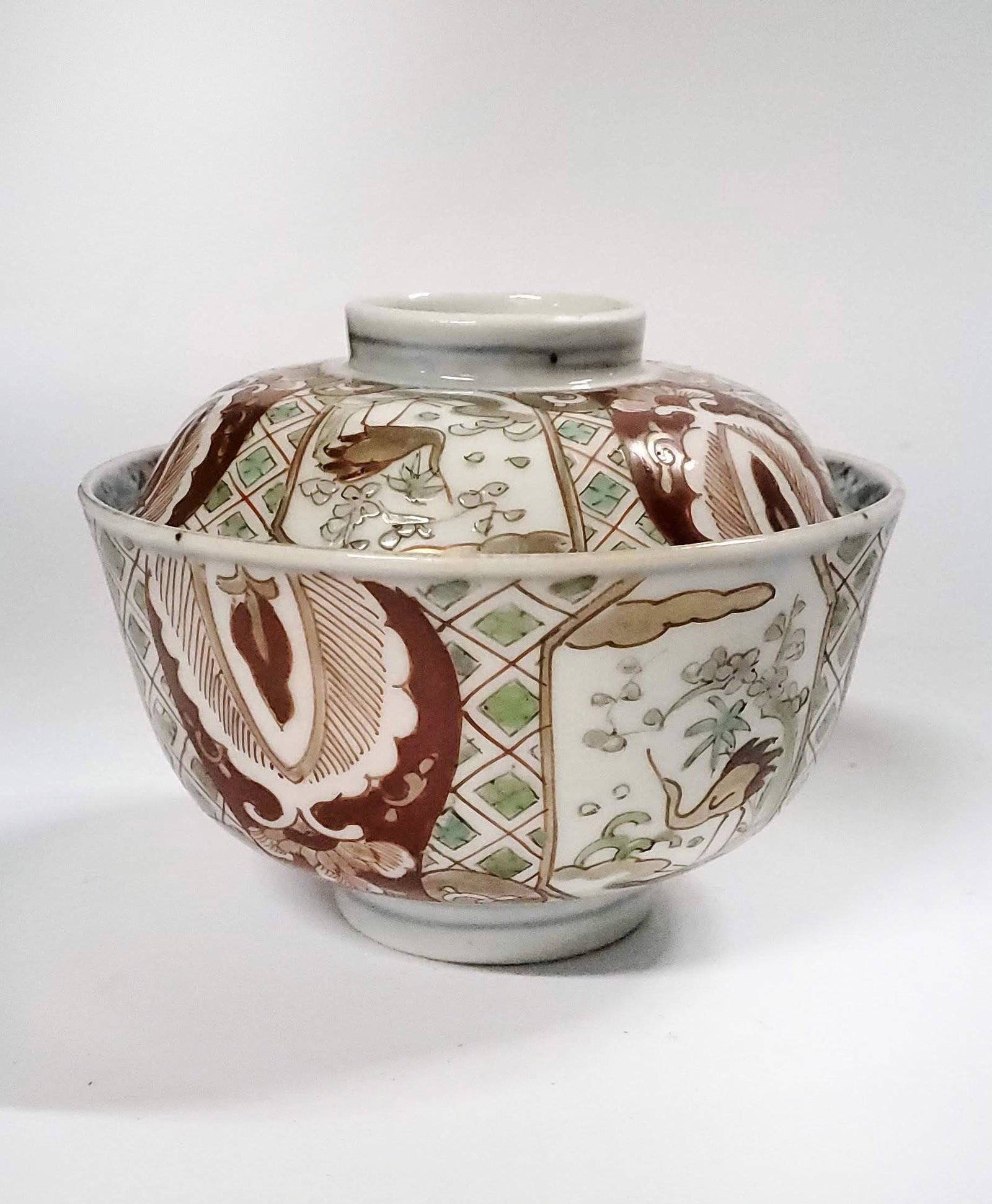 Antique Japanese Imari Blue & White, Enamel Decorated Bowl w Lid: Antique Japanese Imari Blue & White and Enamel Decorated Bowl w Lid, h. 4 in.