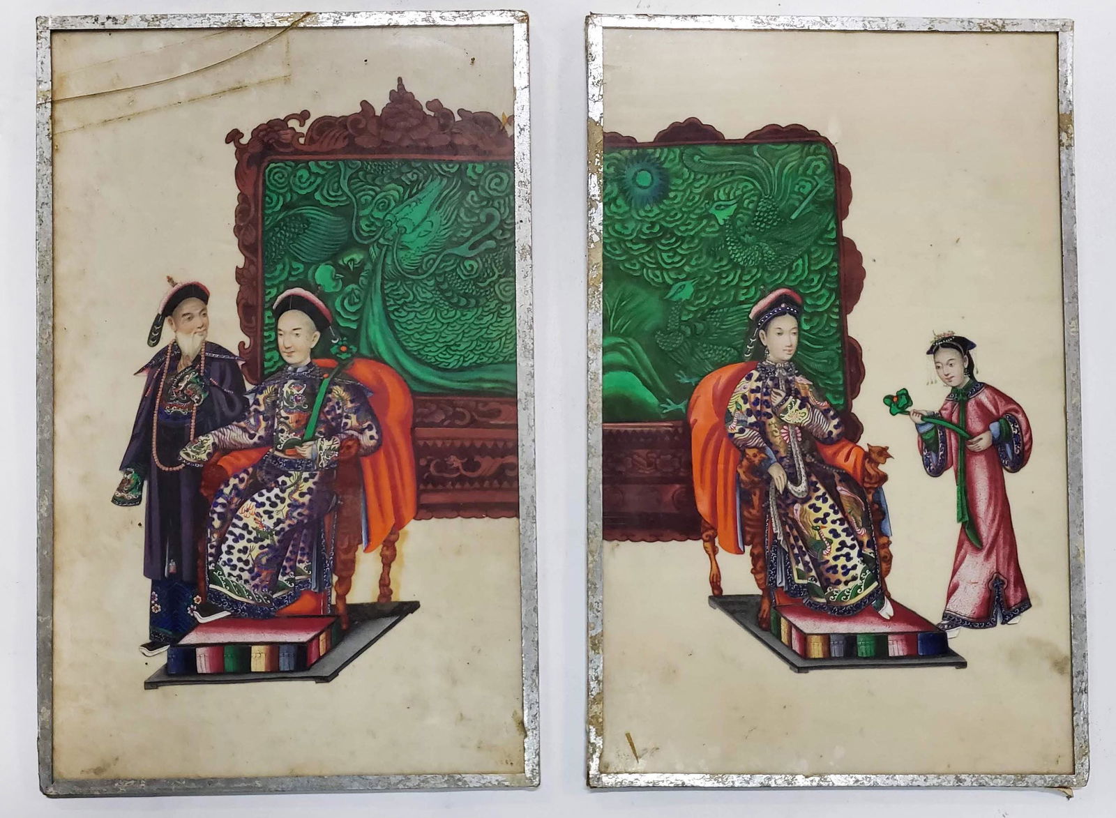 Antique Chinese Emperor & Empress Paintings 19th C.: Antique Chinese Emperor & Empress Watercolor Paintings, ca. 19th century. 13 in. x 8.25 in. Labels on the reserve states that the painting were purchased in Hong Kong in 1883.