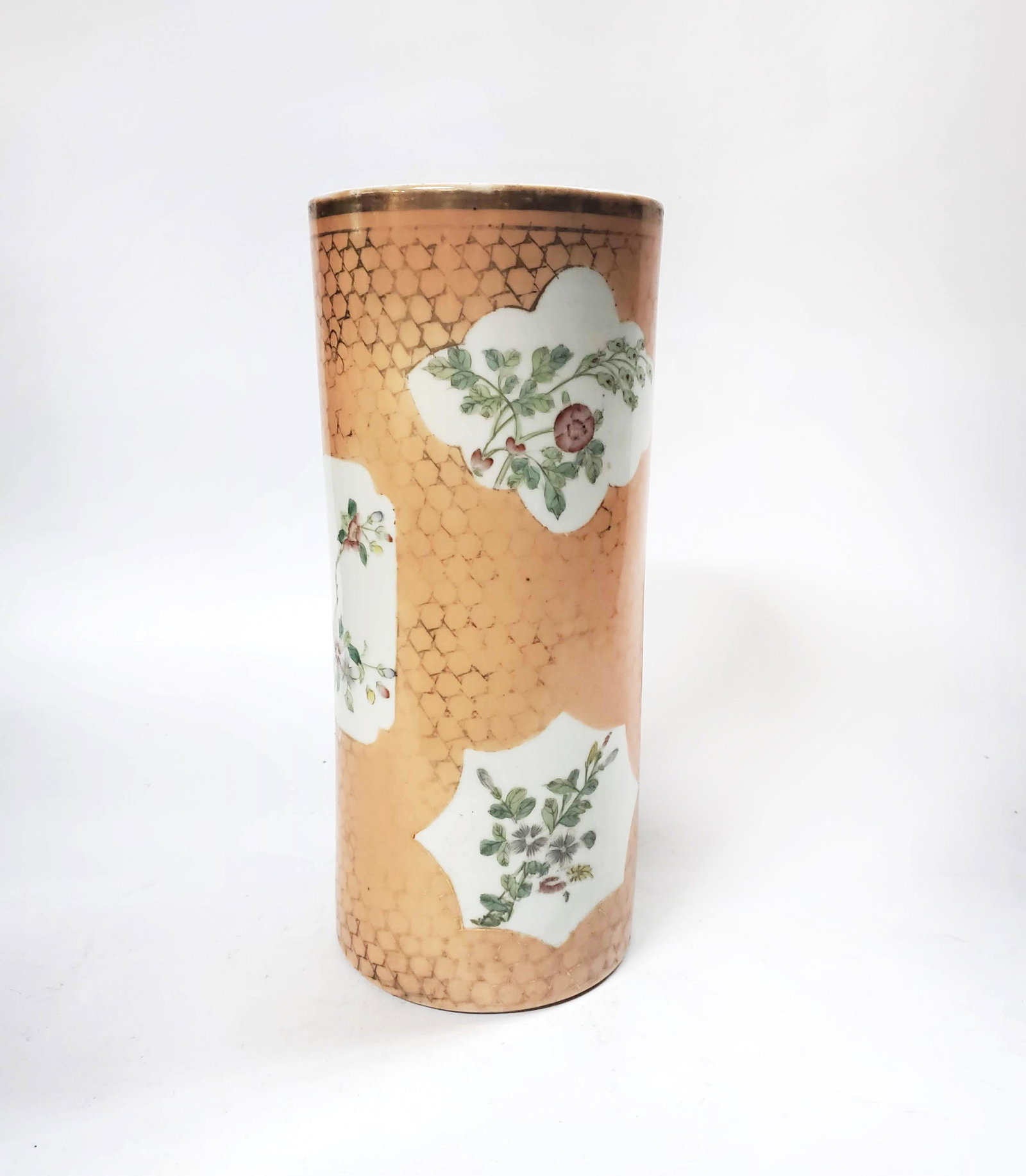 Antique Chinese Porcelain Cylindrical Hat Stand Vase: Antique Chinese cylindrical porcelain vase with salmon back ground. H.11in. ca. early 20th century.