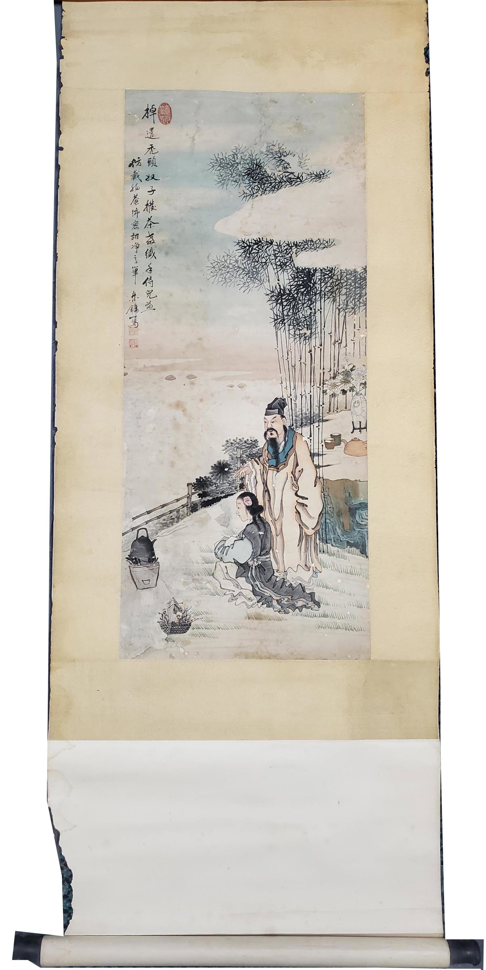 Antique Chinese Scroll Painting with Figures: Antique Chinese Scroll Painting with Figures. 45 in. x 19 in.