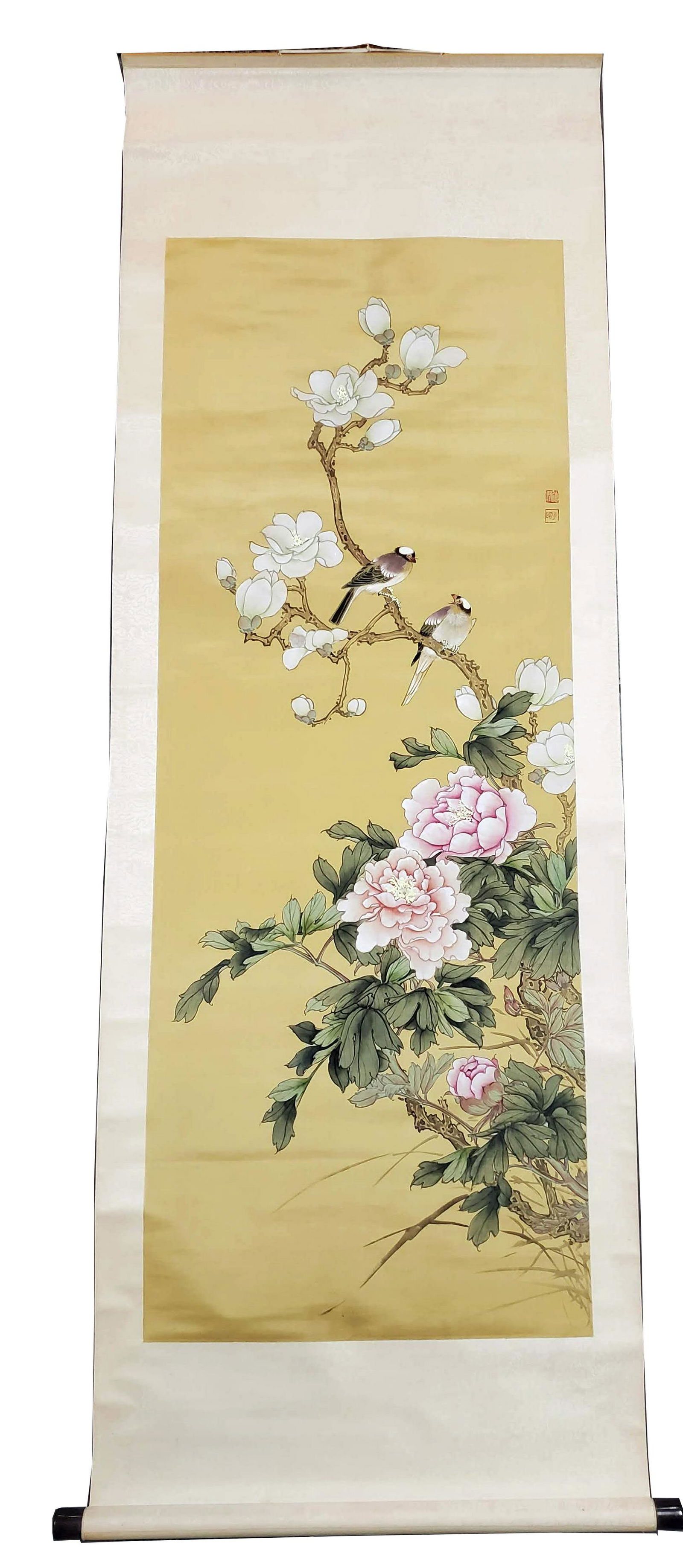 Chinese Scroll Painting with Flowers & Birds: Chinese Scroll Painting with Flowers & Birds, ca. 20th century. 63x 24