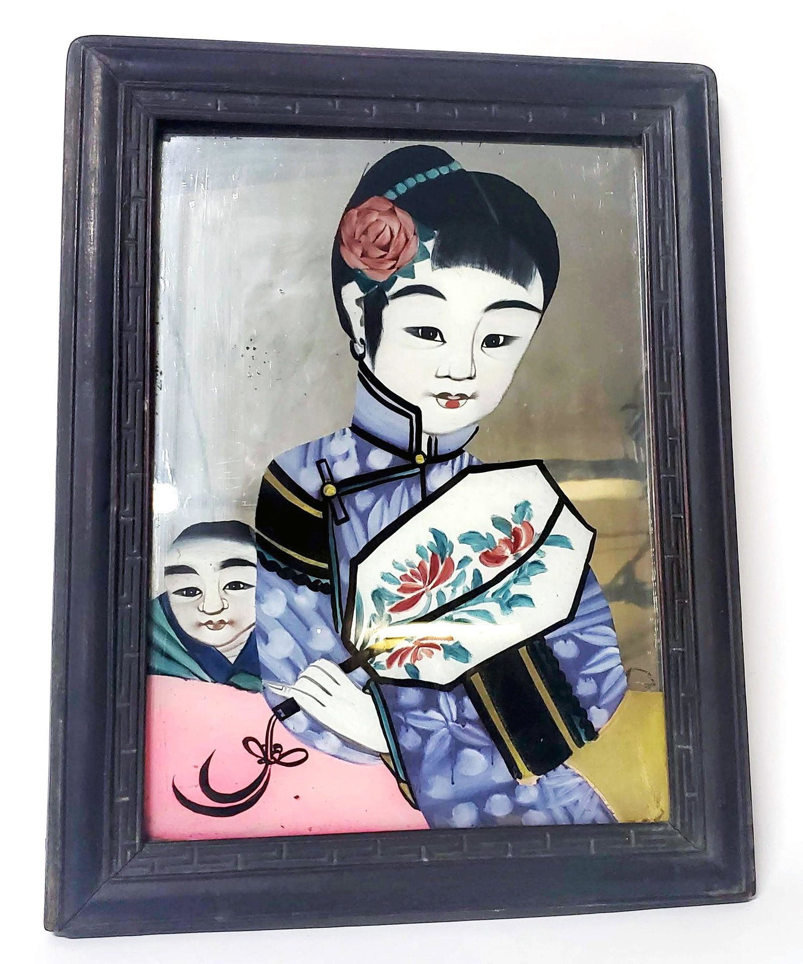 Antique Chinese Under-glass Mirror Painting: Antique Chinese Under-glass Mirror Painting in original rosewood frame.16 in. x 12.5 in.