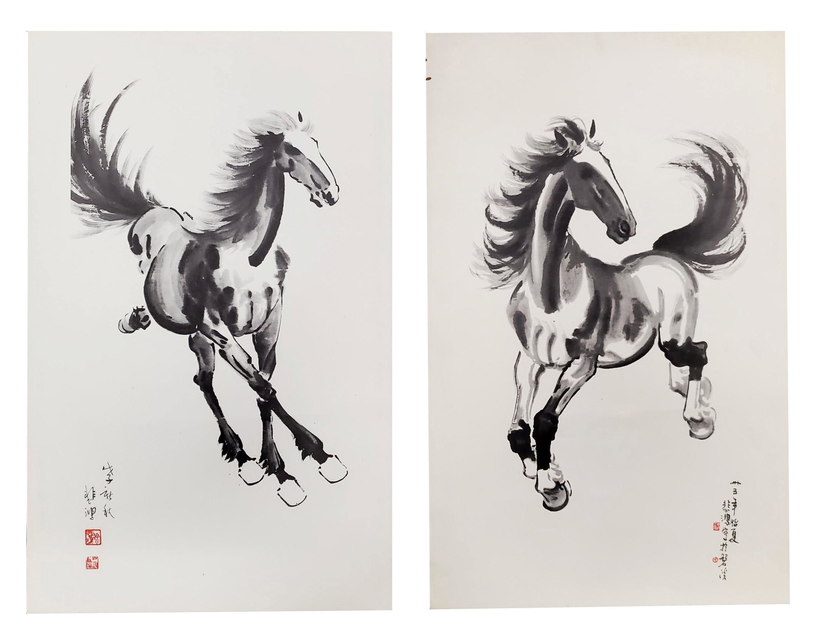 Xu Beihong Style Pair of Horse Ink Drawing Prints: Xu Beihong (1895-1953) Style Pair of Horse Chinese Ink Drawing Prints, ca. 1950s. 17.5 in. x 11in.