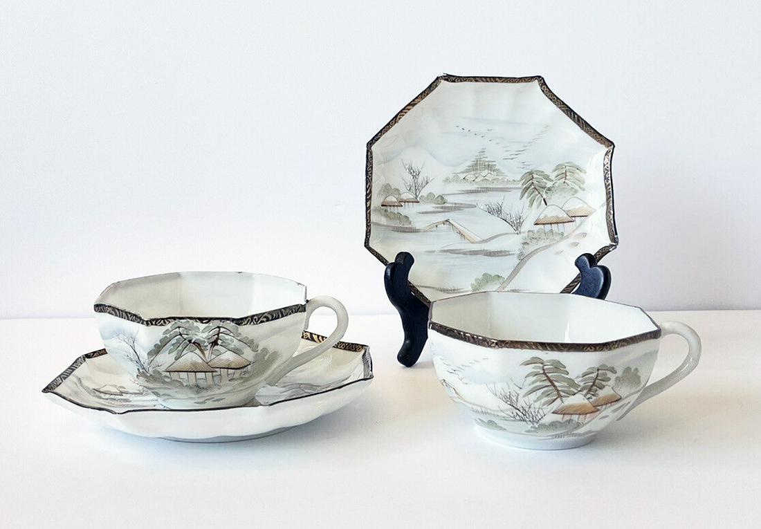 Antique Japanese Nippon Satsuma Eggshell Porcelain Pair of Octagonal Tea Cups (1 of 6)