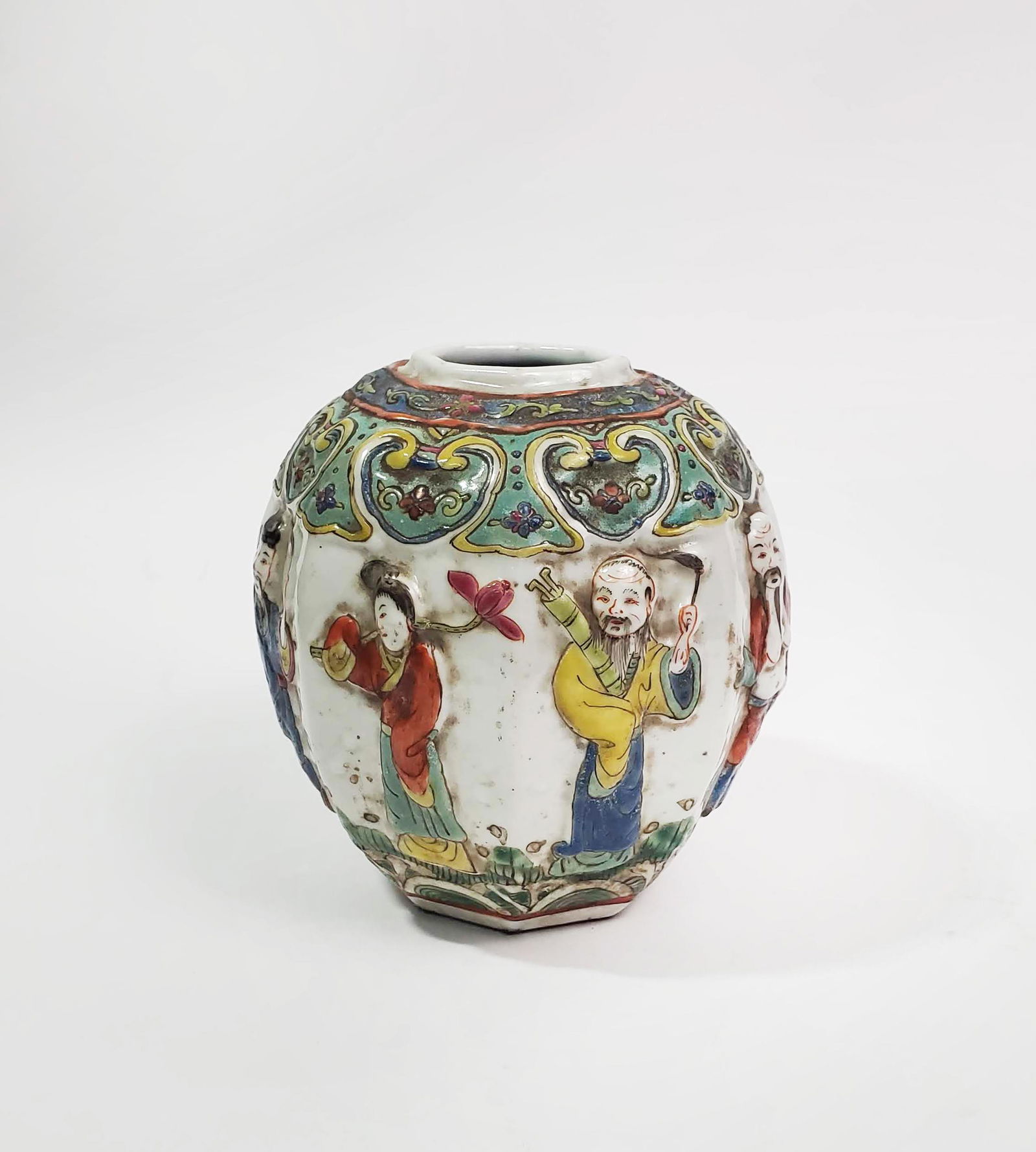 Antique Chinese Moulded Porcelain Jar w Figures (1 of 6)