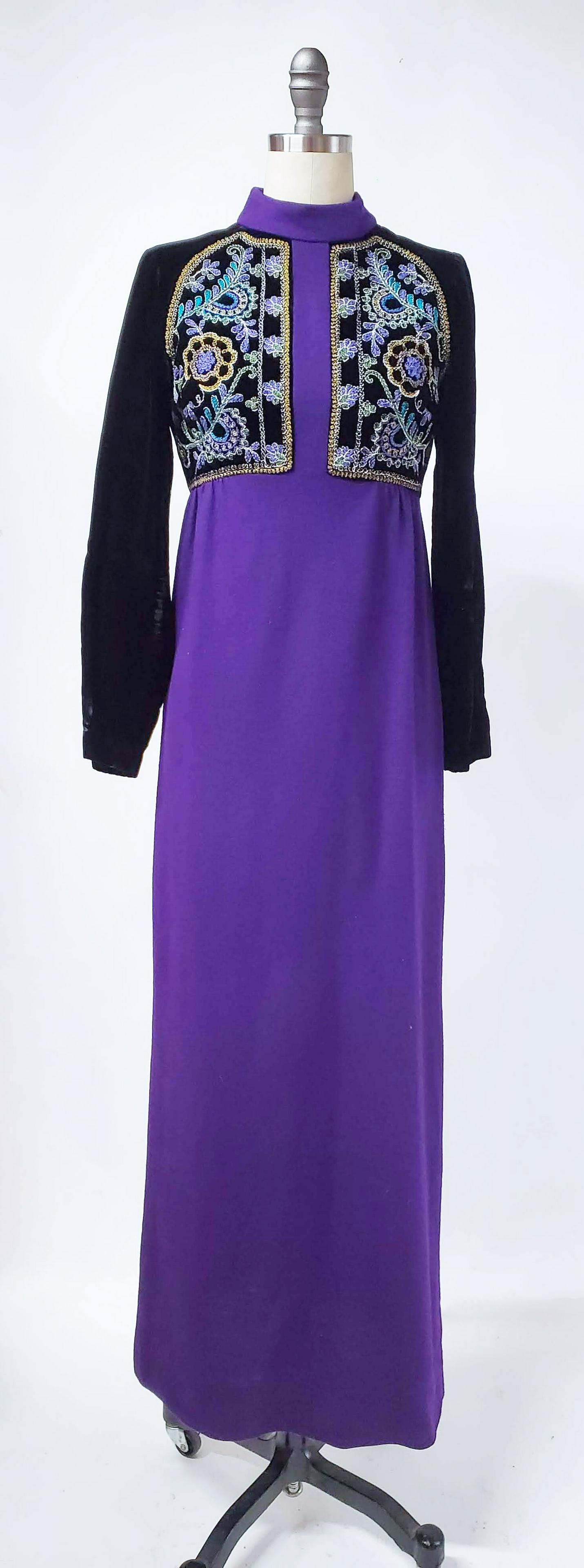 Purple Knit & Black Velvet Embroidered Dress, 1960s (1 of 3)