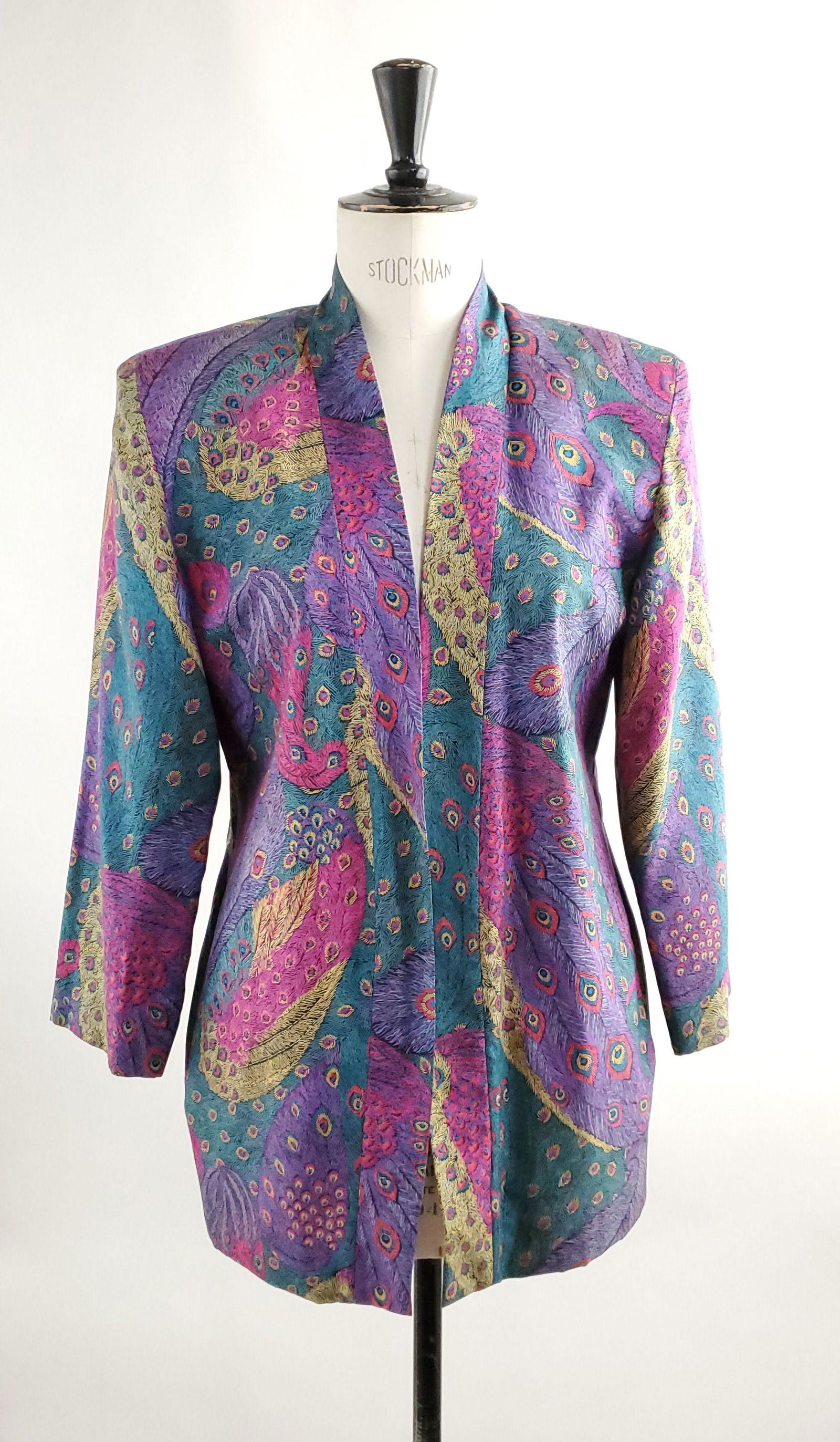 Perry Ellis Peacock Print Silk Jacket, 1980s (1 of 3)