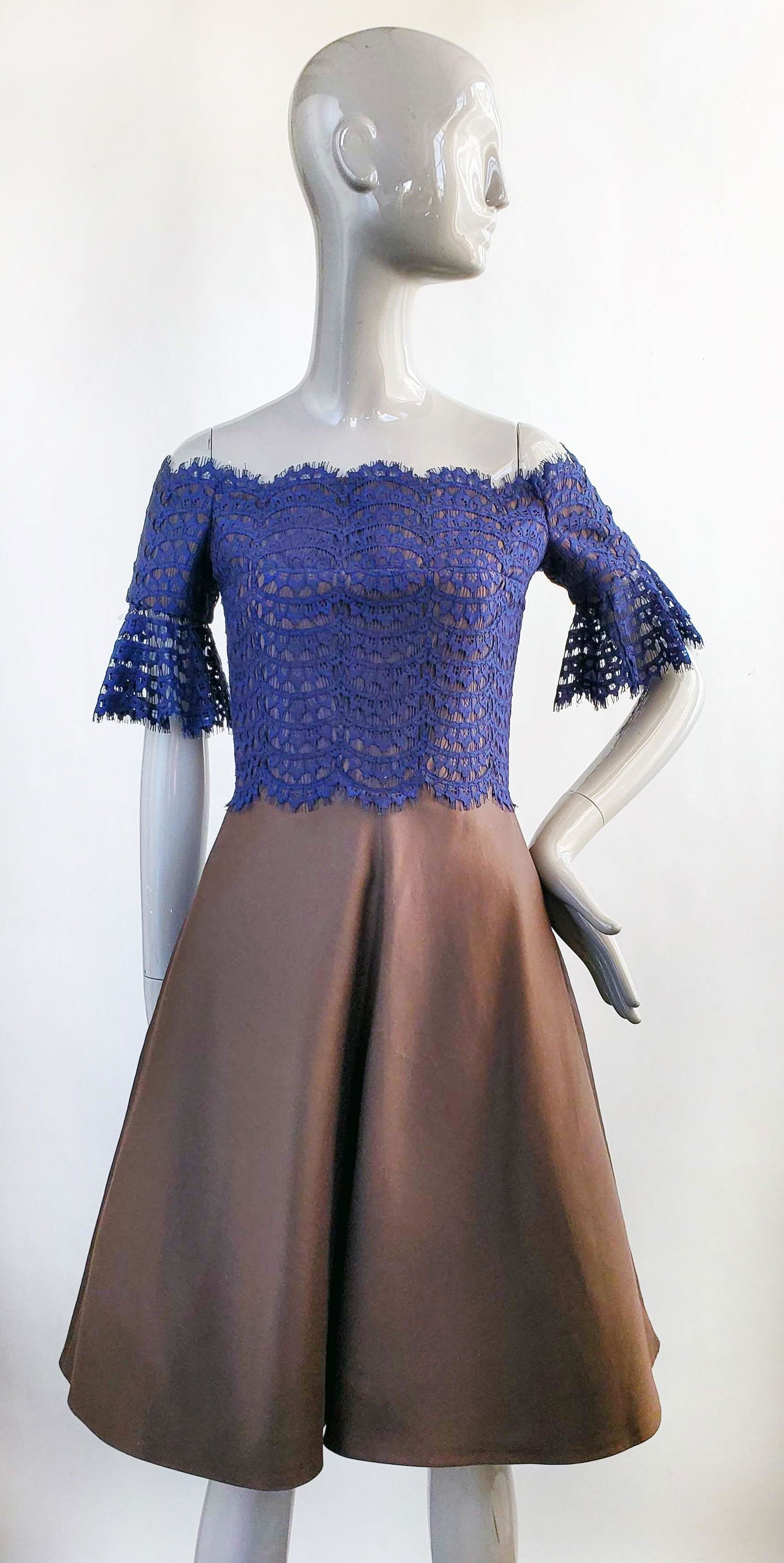 Carven Blue Lace & Brown Dress, 2014: Carven by Guillaume Henry Blue Lace and Brown Silk & Cotton Blend Dress, Resort 2014. Size 38FR. Same dress was worn by Alexa Chung for her book launch party on September 4th, 2013.
