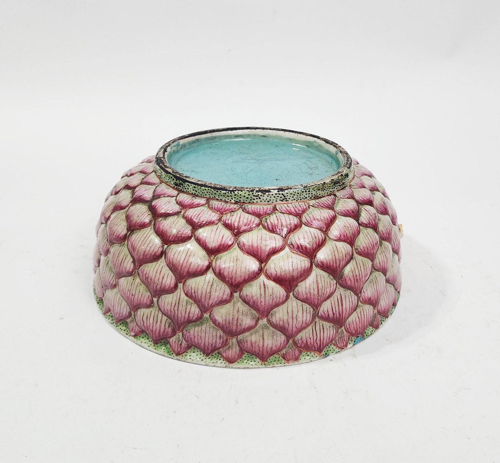 Antique Chinese Export Porcelain Moulded Lotus Bowl, 19th Century: Antique Chinese Export Moulded Lotus Bowl with Turquoise Enameled Interior, ca. early to mid 19th century.