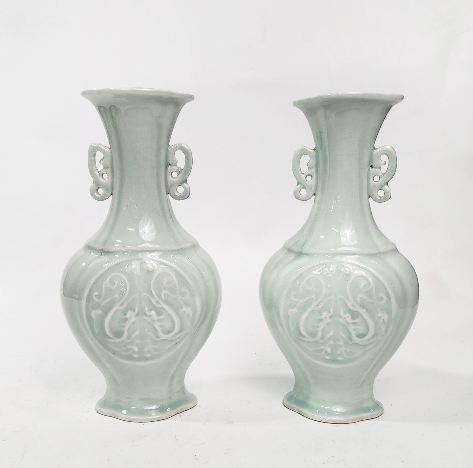 Pair of Antique Chinese Qianlong Marked Celadon Glazed Vases (1 of 9)