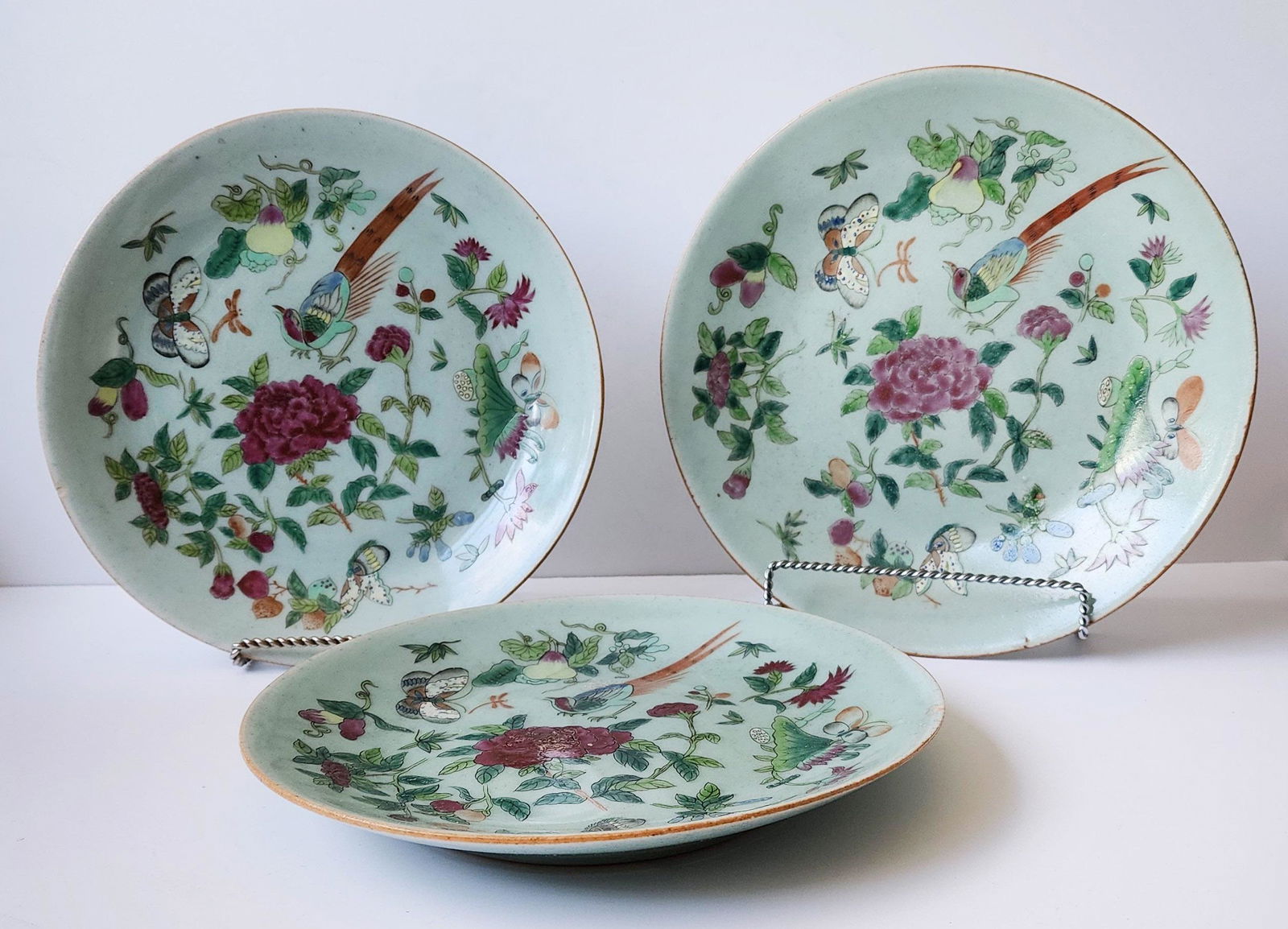 Lot of 3 Antique Chinese Export Celadon & Enameled Canton Plates (1 of 14)