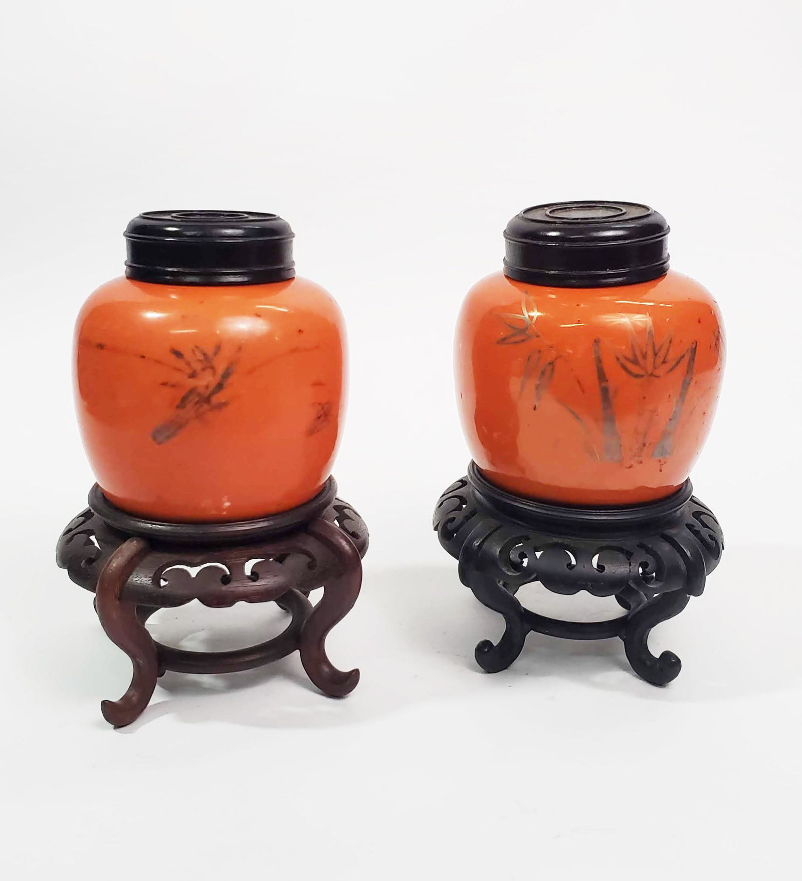 Pair of Antique Chinese Coral Porcelain Jars w Stands (1 of 9)