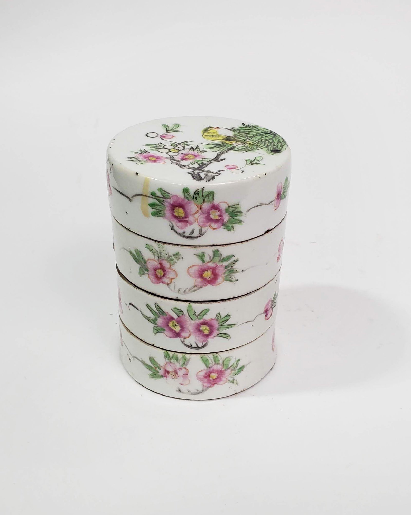 Antique Chinese Famille Rose Stacked Stamp Box: Antique Chinese Famille Rose Porcelain Stacked Stamp Box, h. 4.5 in. Ca. late 19th - early 20th century.