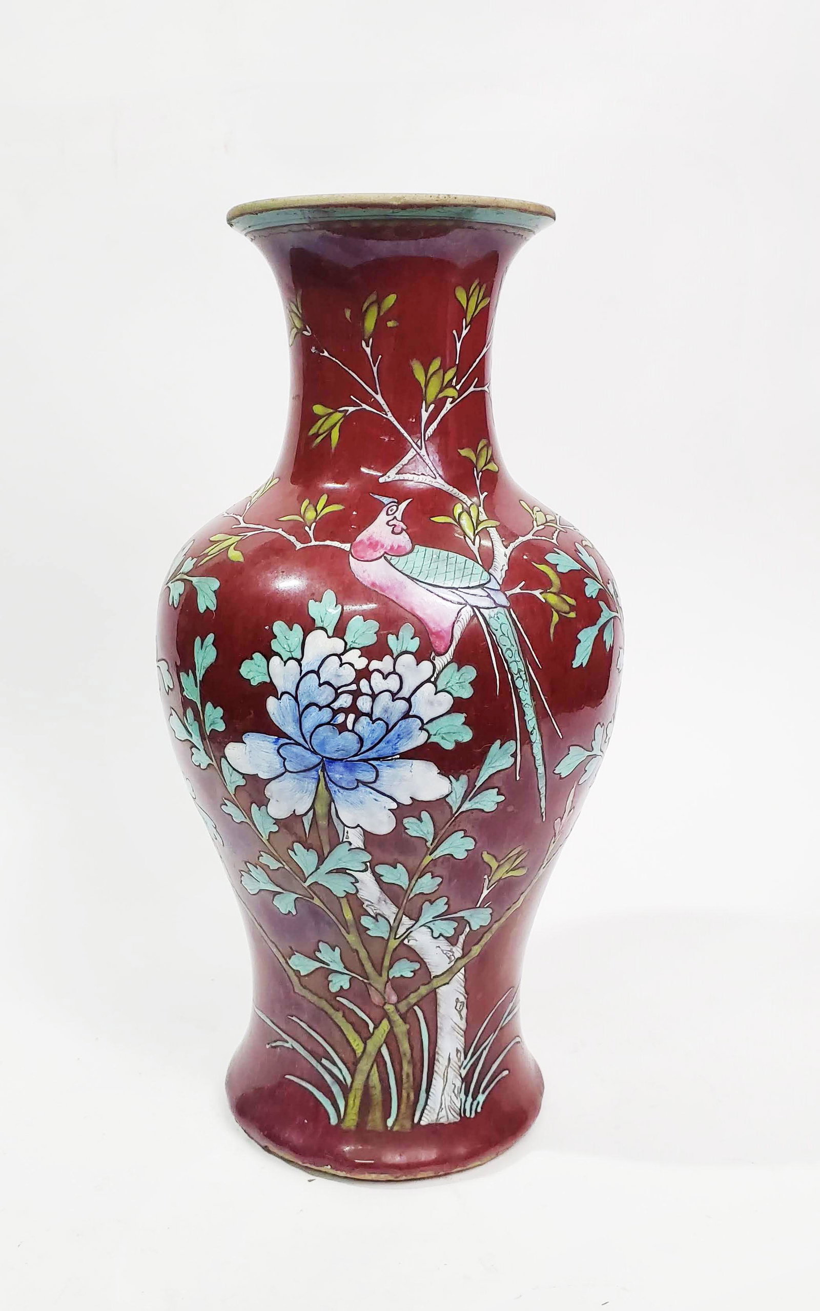 Antique Chinese Sang de Boeuf Glazed & Enameled Vase: Antique Chinese Sang de Boeuf Flambe Glazed & Enameled Vase, h. 14.5 in. ca. late 19th - early 20th century.