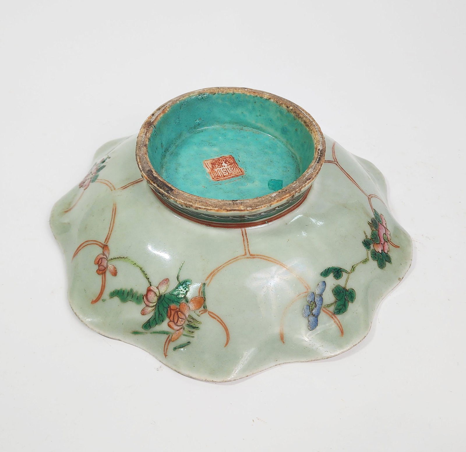 Antique Chinese Celadon Glazed Footed Bowl: Antique Chinese Export Celadon Glazed and Enameled Footed Bowl, Tongzhi marked, ca. late 19th- early 20th century. D. 9.5 inches, h. 2.75 inches.