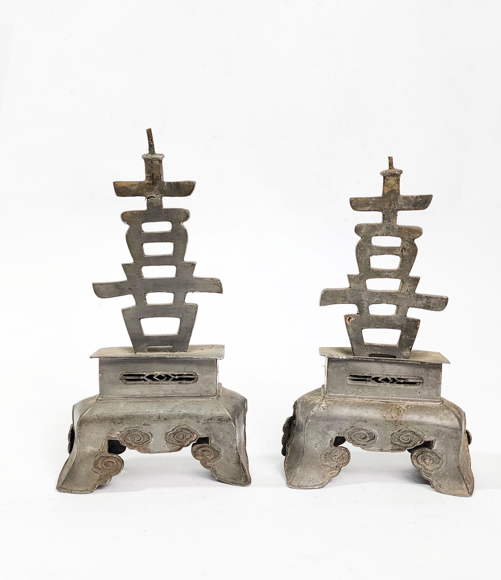 Pair of Antique Chinese Pewter Candlestick Bases (1 of 8)