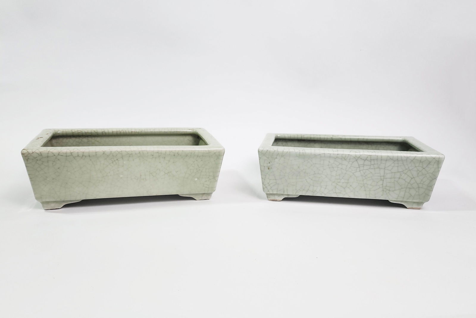 Pair of Chinese Celadon Glazed Rectangle Porcelain Bonsai Planters (1 of 3)