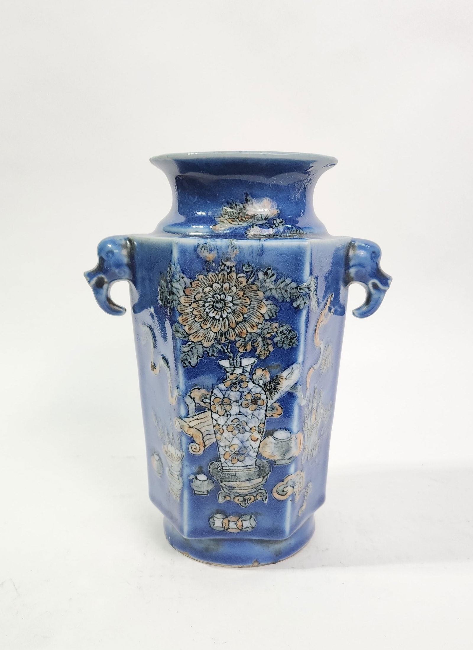 Antique Chinese Blue Glazed Octagonal Vase with Handles (1 of 14)