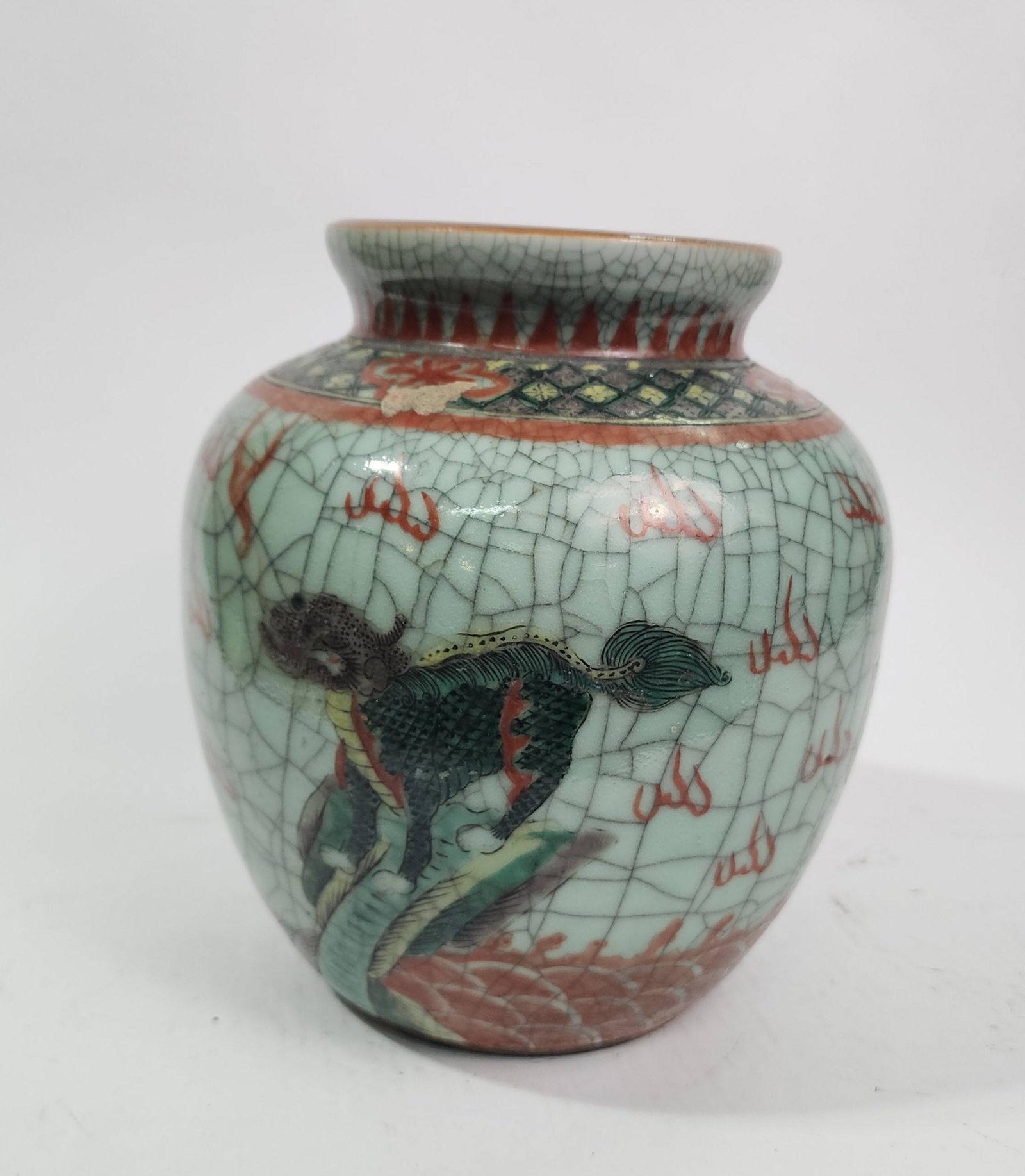Antique Chinese Celadon Crackle Glazed Vase with Enameled Creatures (1 of 4)