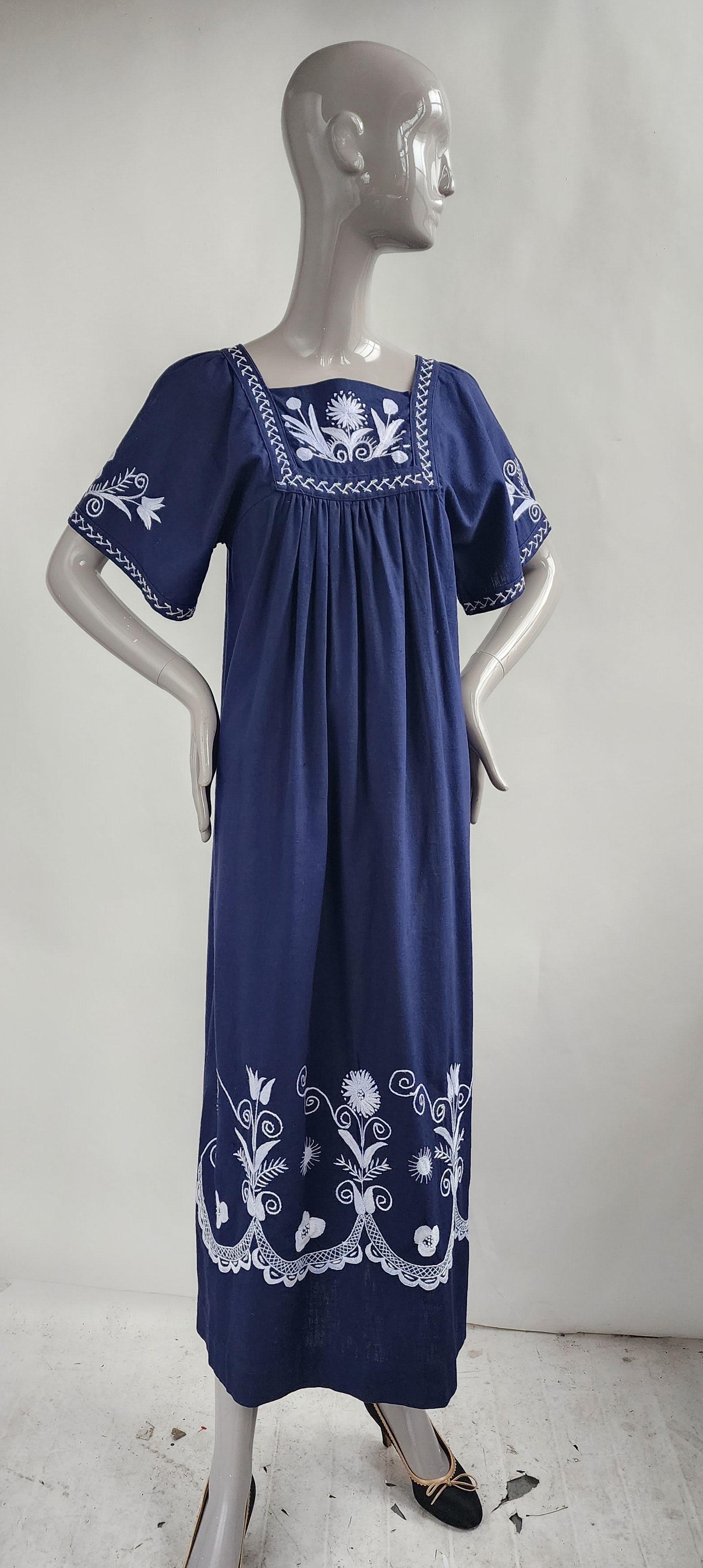 Mexican Embroidered Navy Linen Dress, ca. 1960s (1 of 6)