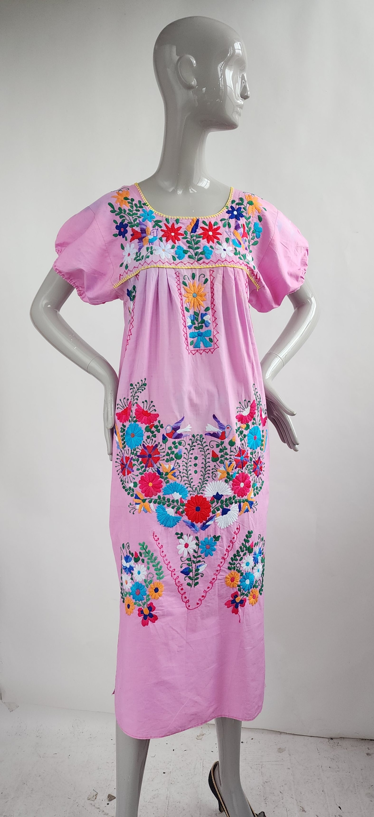 Mexican Embroidered Cotton Dress, c. 60s: Mexican Embroidered Pink Cotton Dress, ca. 1960s-70s