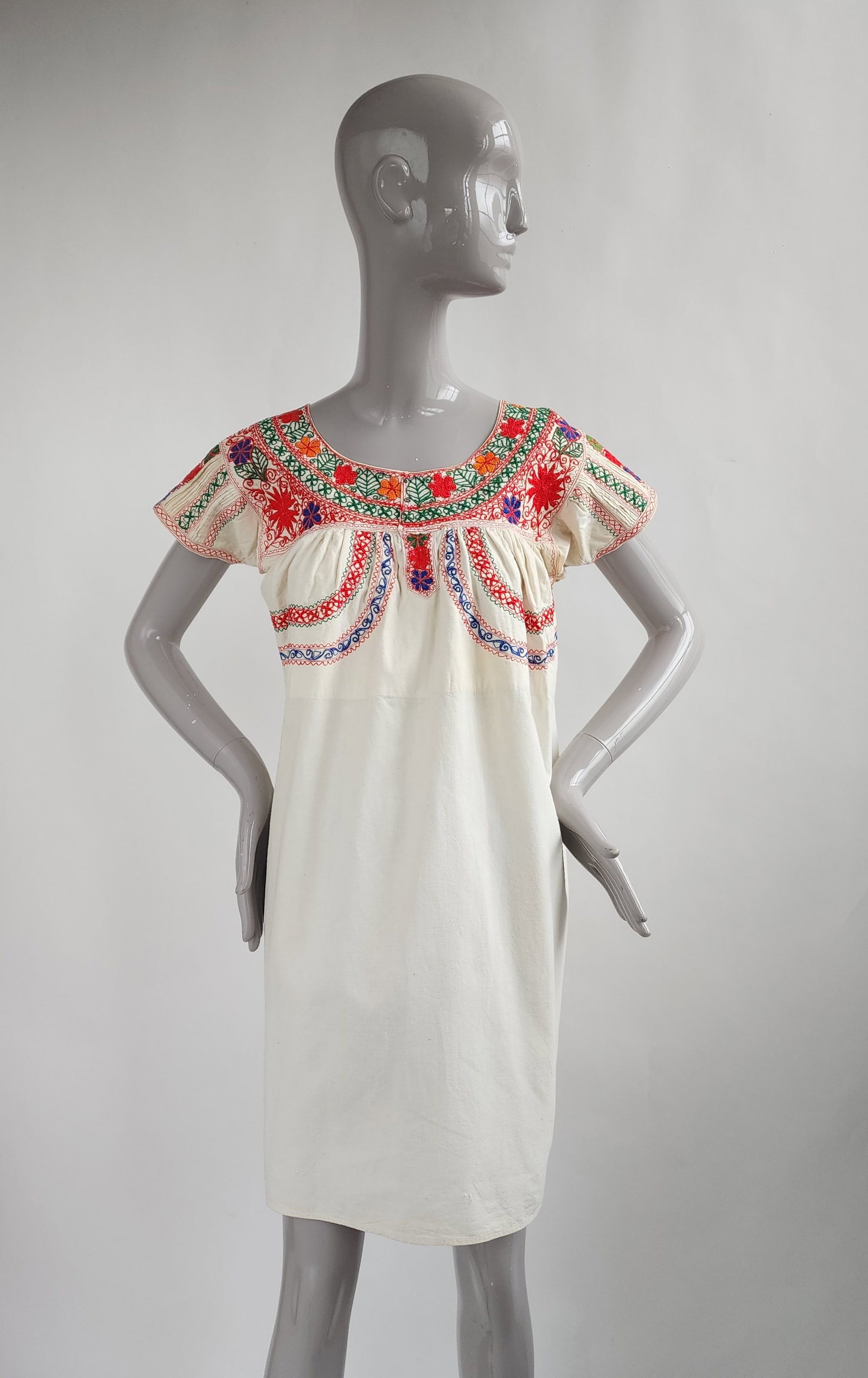 Mexican Oaxacan Embroidered Cotton Dress, ca. 1950s: Mexican Oaxacan Embroidered Cotton Dress, ca. 1950s-60s