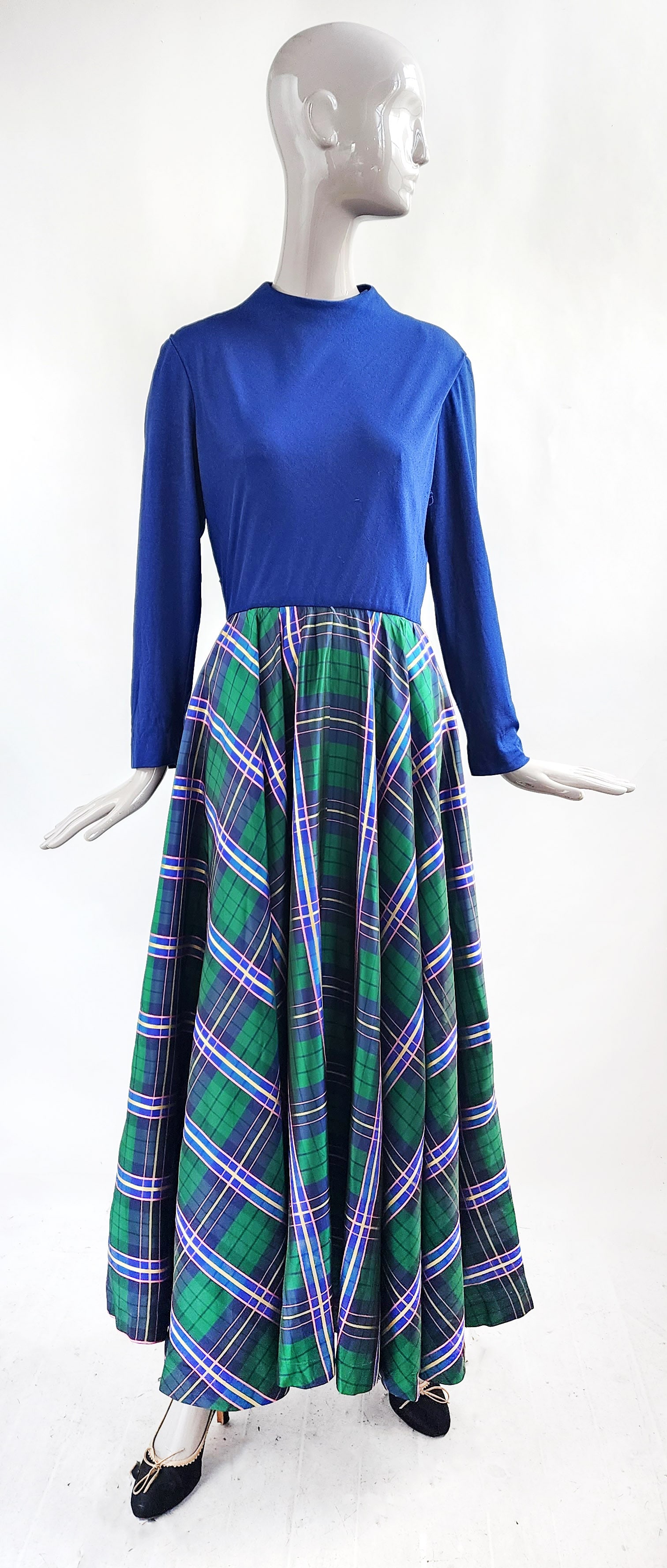 Saks Fifth Avenue Blue Knit & Tartan Plaid Taffeta Maxi Dress, 1970s (1 of 4)