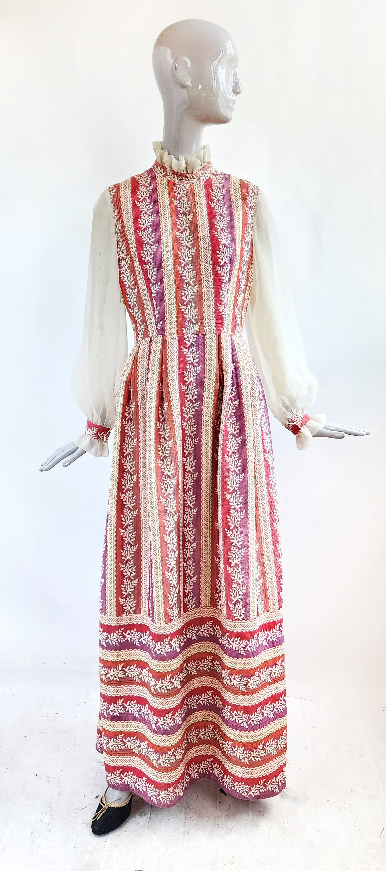 1970s Floral Striped Boho Maxi Dress with Chiffon Sleeves: 1970s Floral Striped Boho Maxi Dress with Chiffon Sleeves