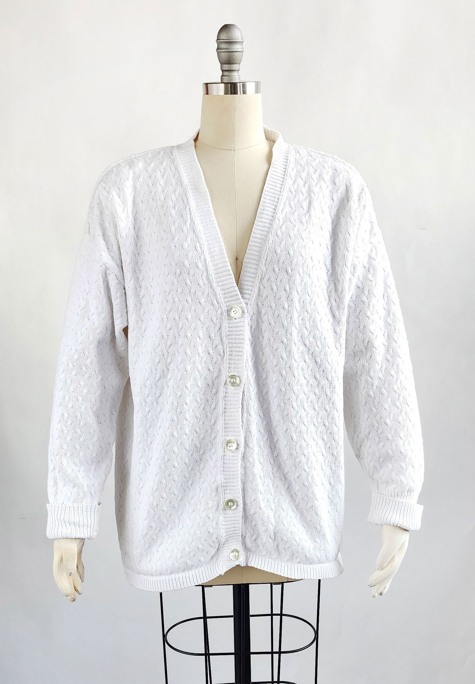Perry Ellis America White Cotton Cable Knit Cardigan, 1990s: Perry Ellis America White Cotton Cable Knit Cardigan, ca. early 1990s. Probably from the Marc Jacobs era.