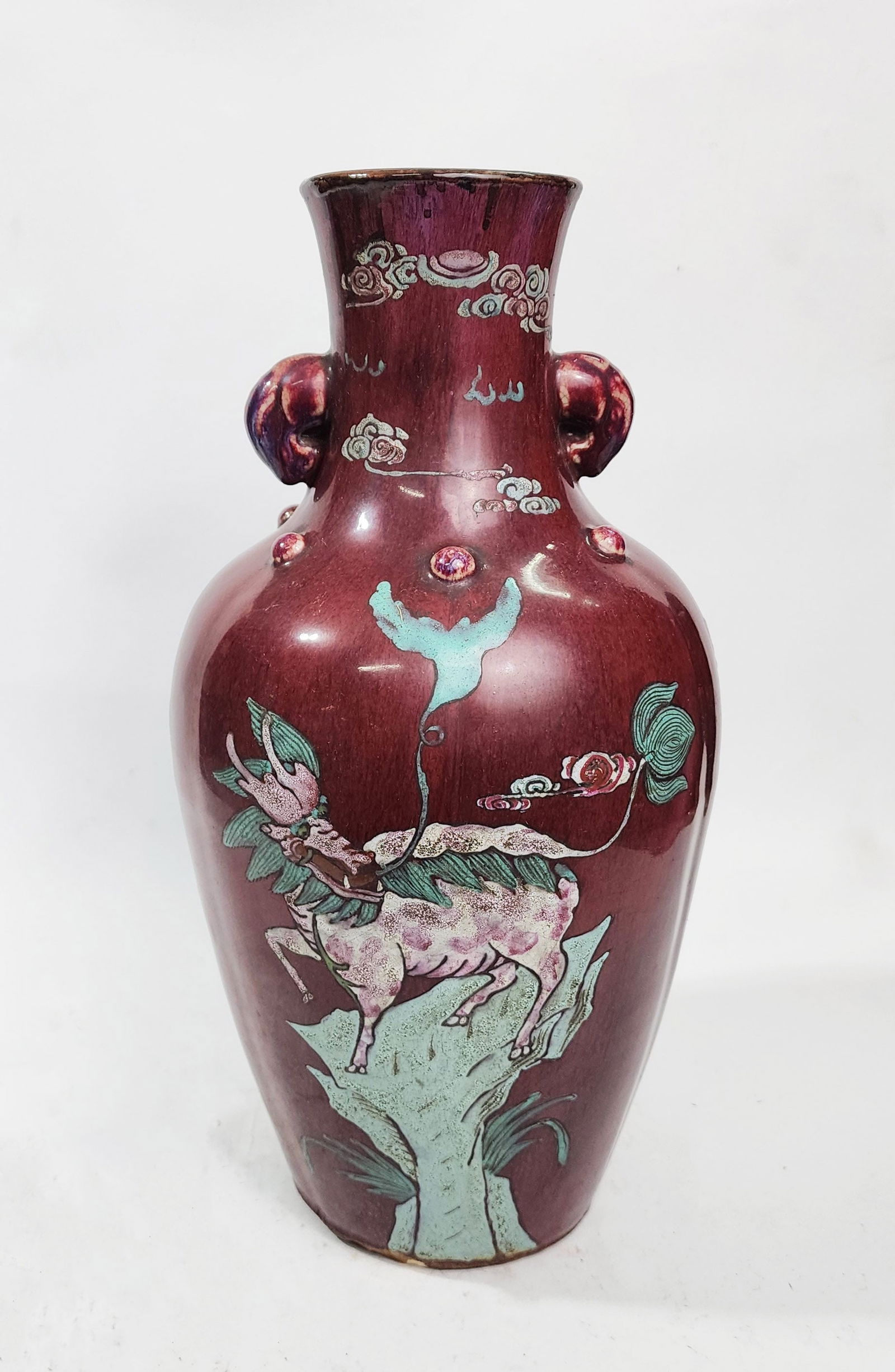 Antique Chinese Sang de Boeuf Glazed & Enameled Vase: Antique Chinese Sang de Boeuf Glazed Vase with Enamel Painted Mythical Creatures, h. 17.75, ca. late 19th- early 20th century..