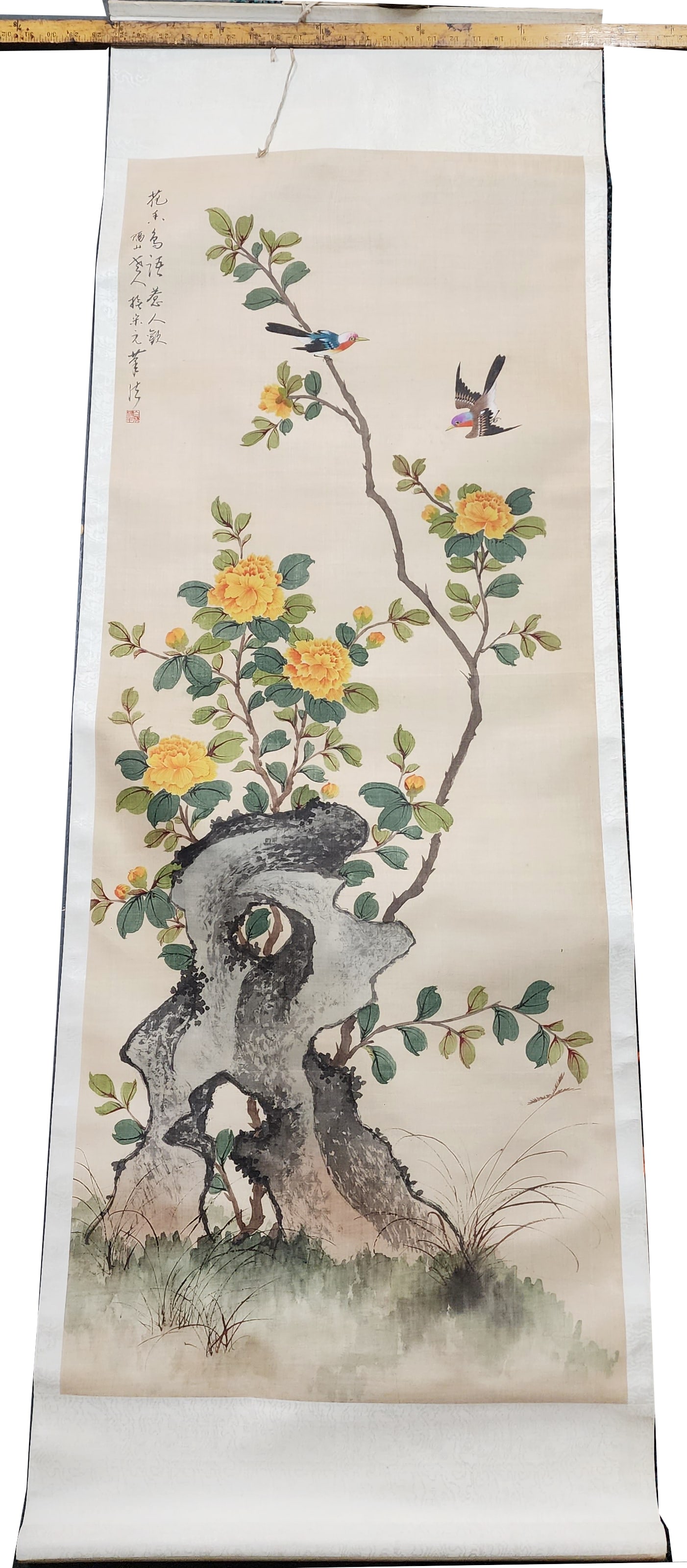 Antique Chinese Silk Scroll Painting of Flowers (1 of 2)