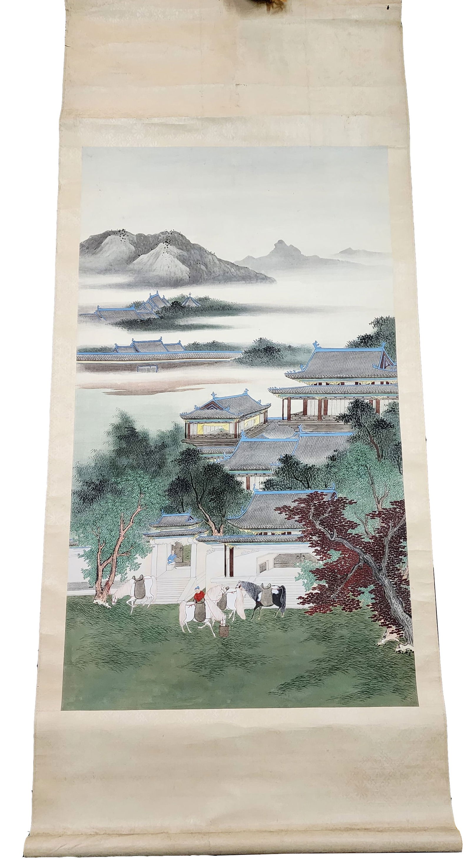 Antique Chinese Silk Scroll Painting of Landscape with Horses (1 of 2)