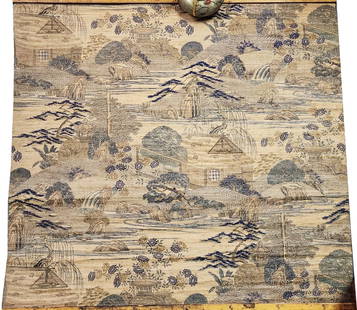 Antique Japanese Wood Block Print Wallpaper Fragment: Antique Japanese Wood Block Printed Woven Straw & Paper Wallpaper Fragment, 33in x 33inches, ca. late 19th- early 20th century.