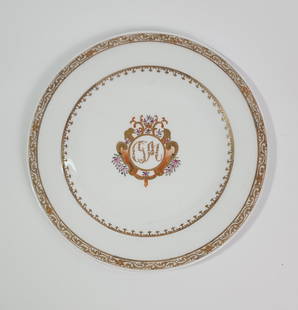 Chinese Export 18th C. Style Armorial Porcelain Dinner Plate: Chinese Export 18th century Style Armorial Dinner Plate, ca. 20th century, d. 10.25 inches.