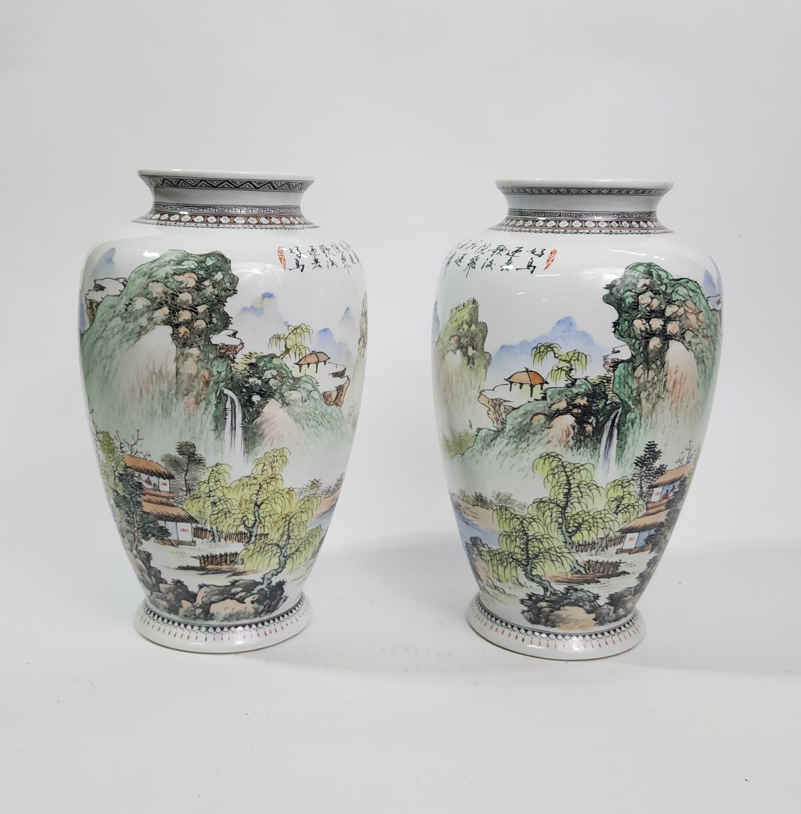 Pair of Chinese Porcelain Vases with Hand Painted Landscapes: Pair of Chinese Porcelain Vases with Hand Painted Landscapes, ca. 1950s-60s, decorated in Hong Kong, h. 11 inches.