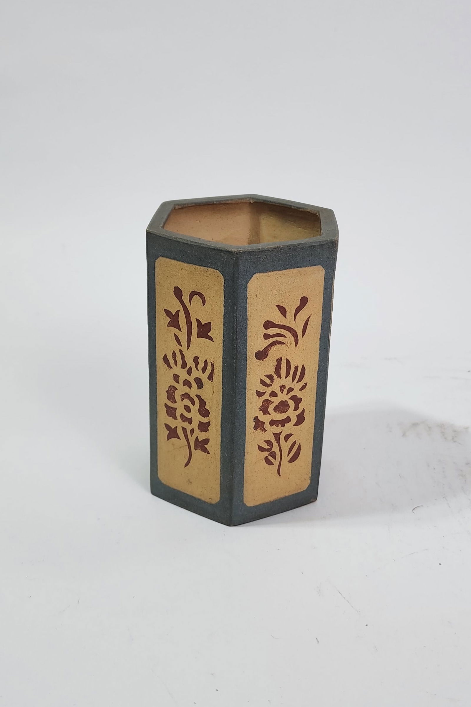 Antique Chinese Yixing Clay Hexagonal Vessel: Antique Chinese Yixing Clay Hexagonal Vessel, Made in Hong Kong, h. 4.75 inches, 20th century.