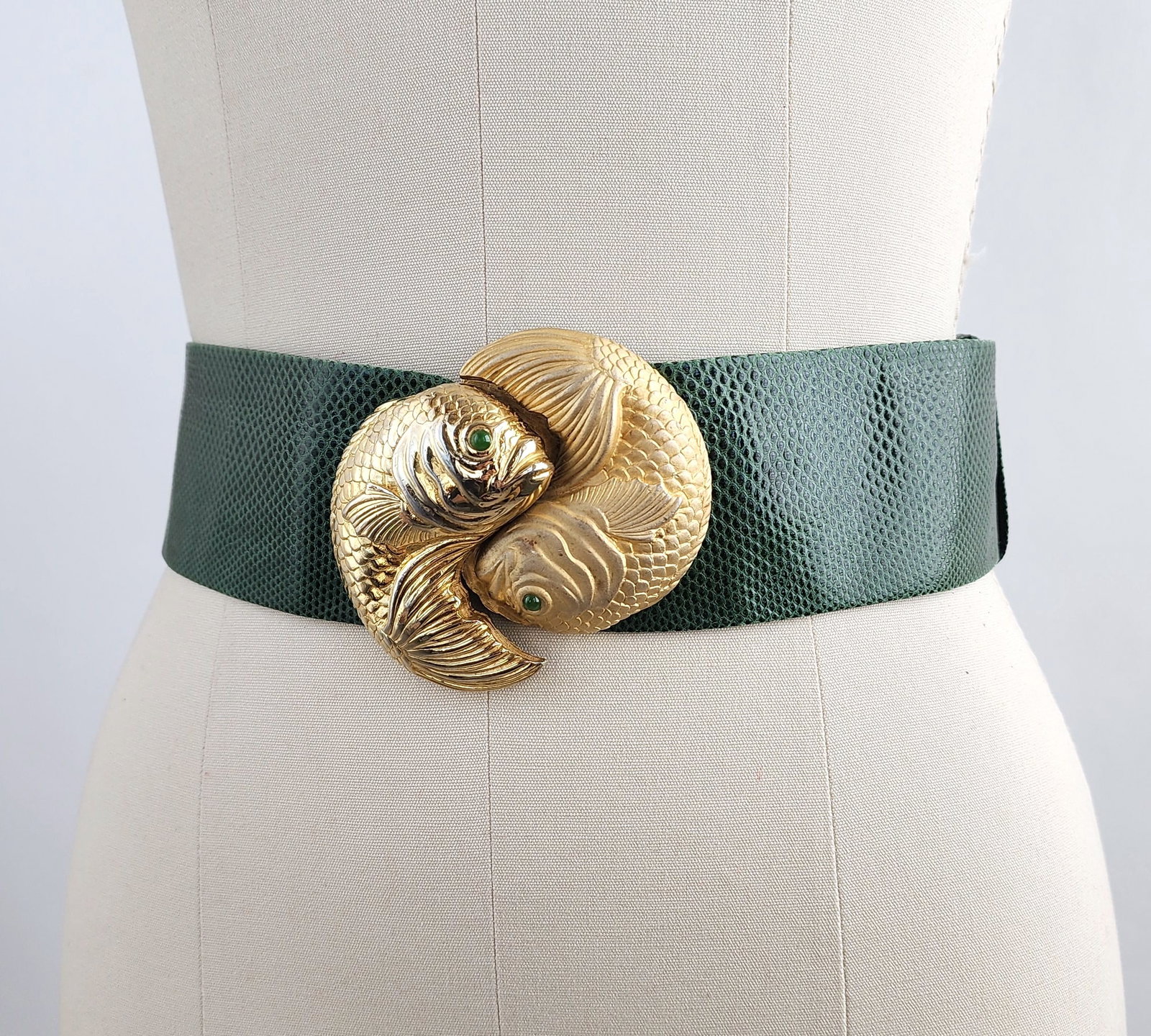 Judith Leiber Green Snakeskin Belt w Gold Tone Fish Buckle, ca. 1980s (1 of 9)