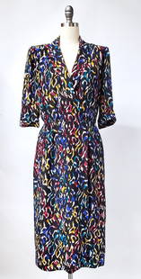 Jean Louis Scherrer Silk Dress, 1980s: Jean Louis Scherrer Boutique Paris Numbered Demi-Couture Printed Silk Dress, 1980s. Made in France.