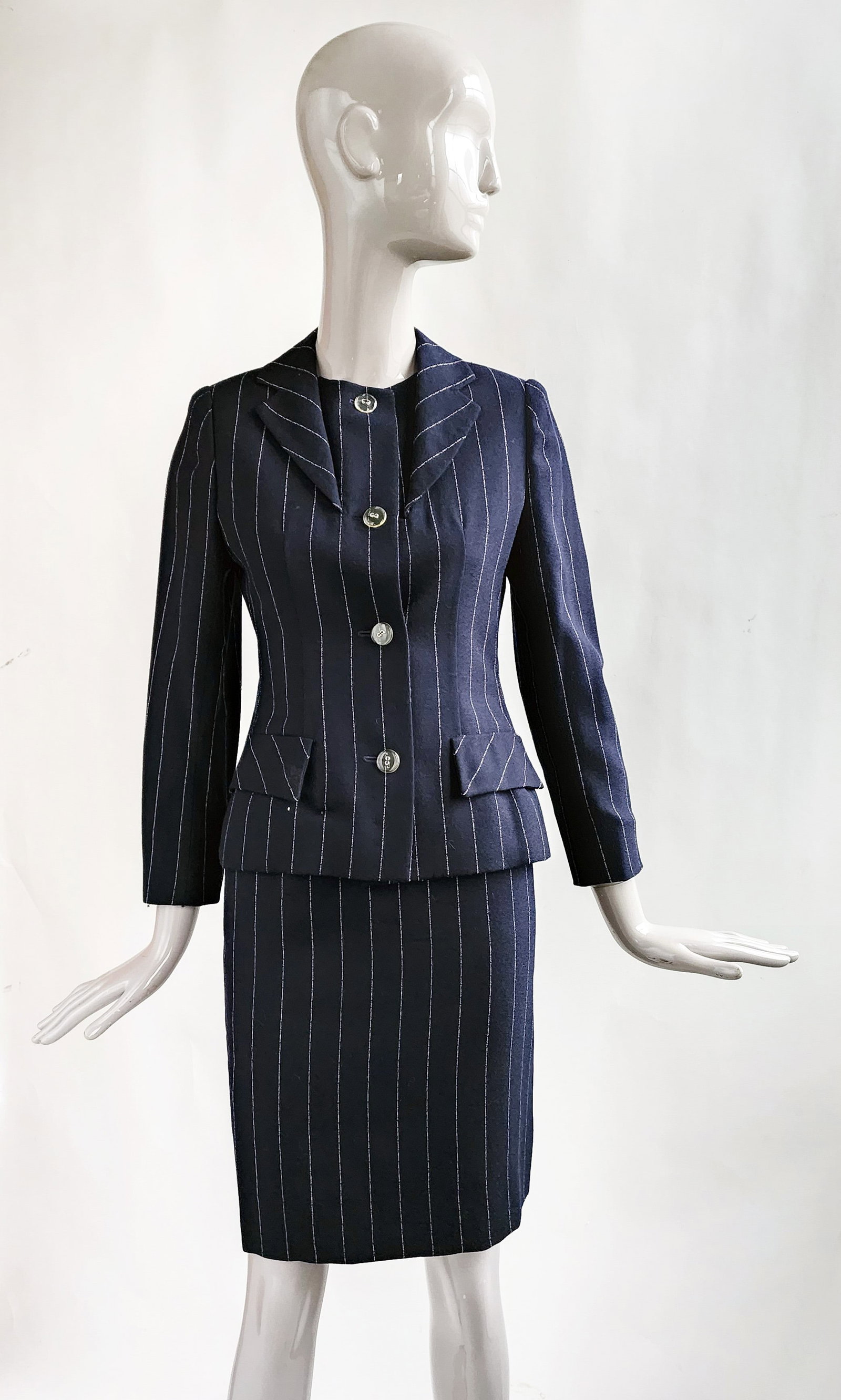 Bill Blass Navy Blue Pin Striped Wool Crepe Suit, S/S 1996 (1 of 6)