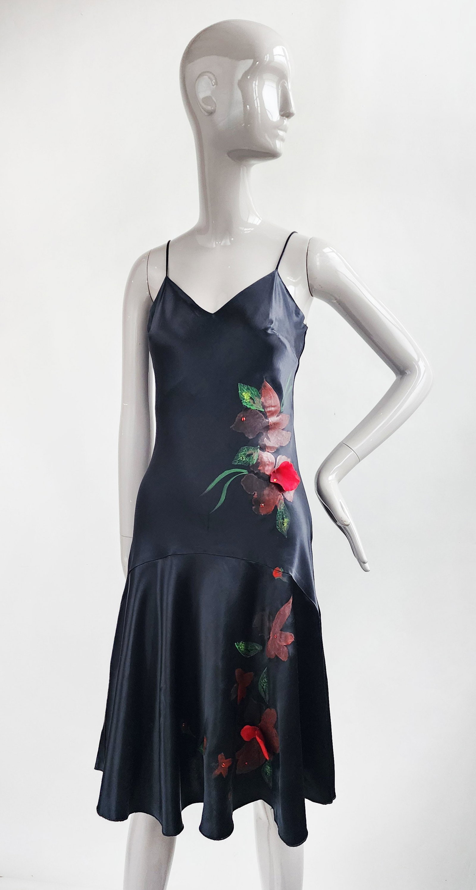 Ana Capri Hand Painted Black Satin Bias Slip Dress, ca. 1990s (1 of 6)