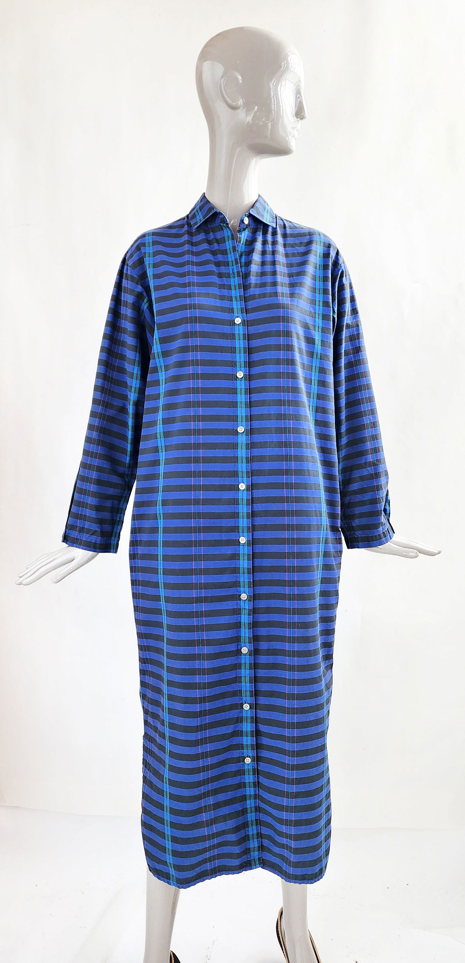 Perry Ellis Portfolio Blue & Black Plaid Cotton Shirt Dress, 1980s (1 of 4)